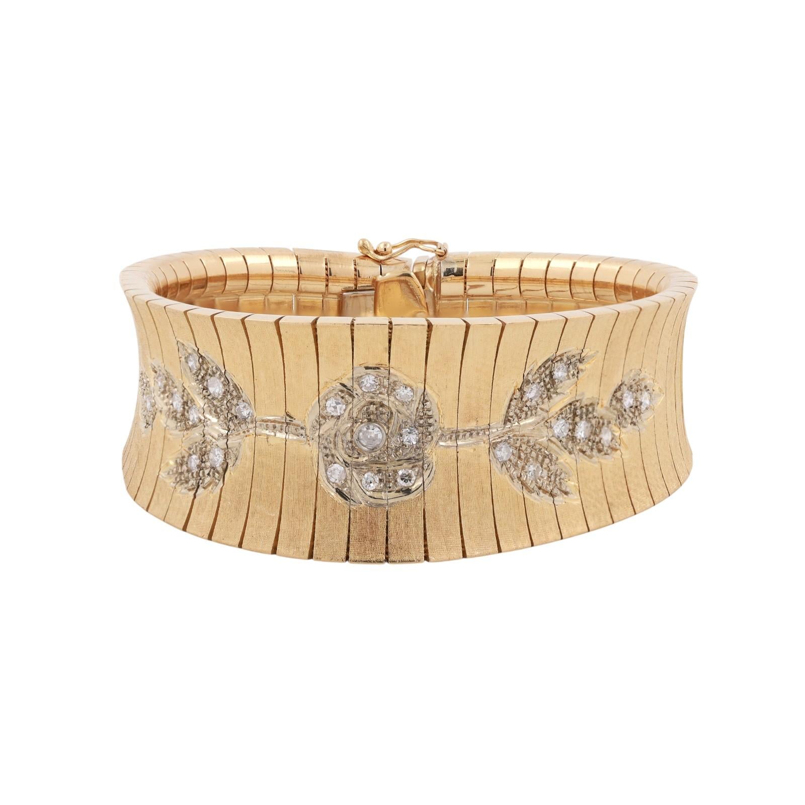 Vintage Floral Diamond Omega Style Wide Bracelet 18K Gold 0.85 TW 6.25" Ladies