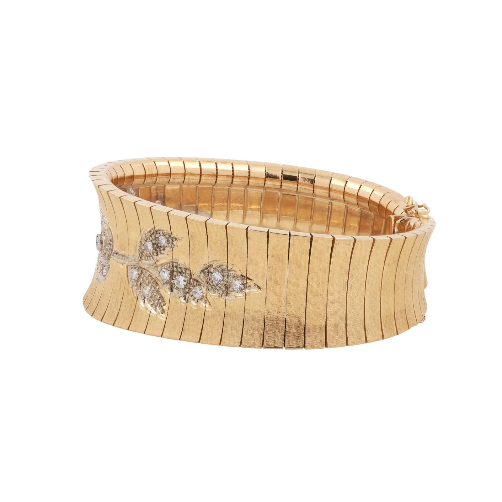 Vintage Floral Diamond Omega Style Wide Bracelet 18K Gold 0.85 TW 6.25" Ladies