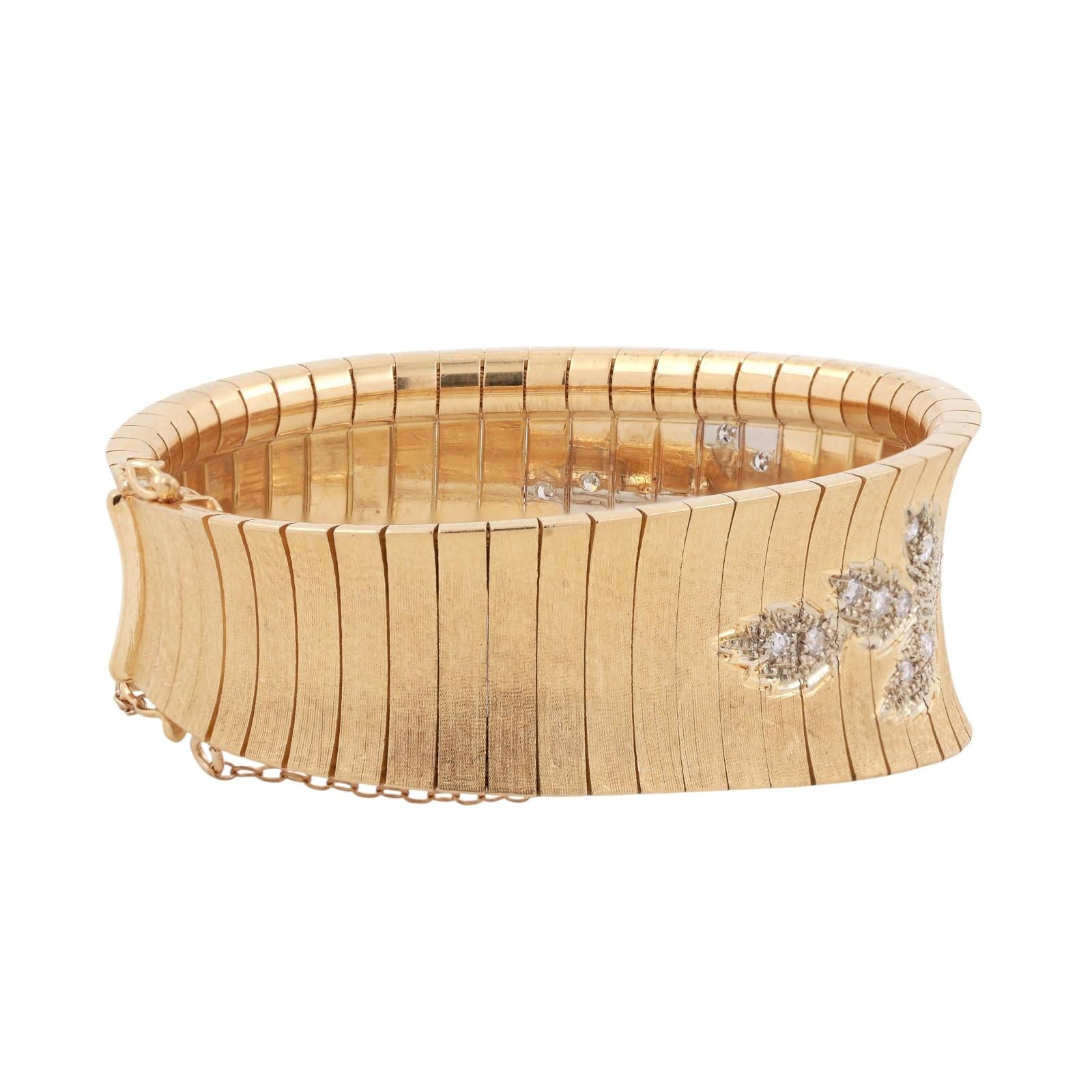 Vintage Floral Diamond Omega Style Wide Bracelet 18K Gold 0.85 TW 6.25" Ladies