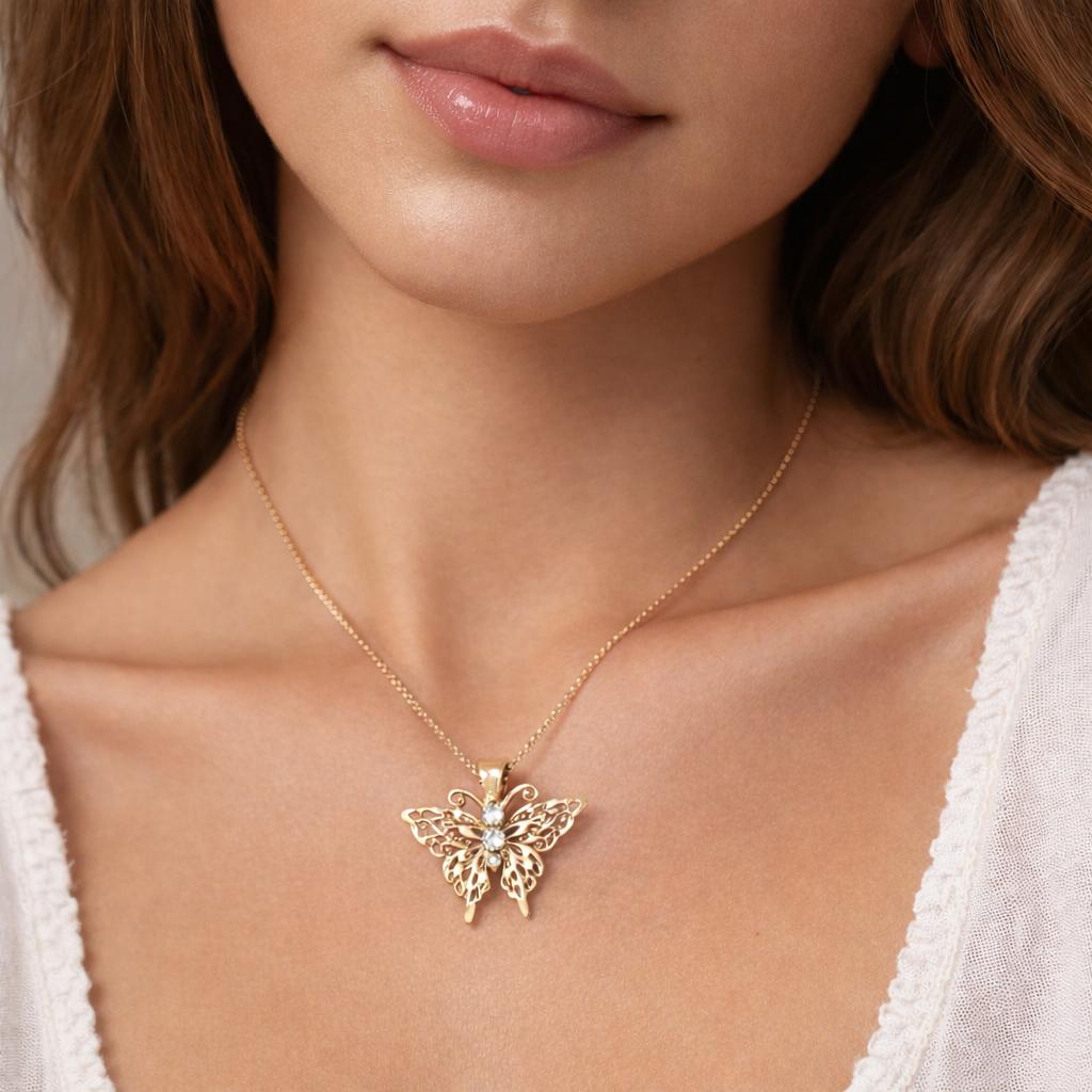 Vintage Filigree Diamond Butterfly Pendant Charm 14K Yellow Gold 0.06 TW 1.15"