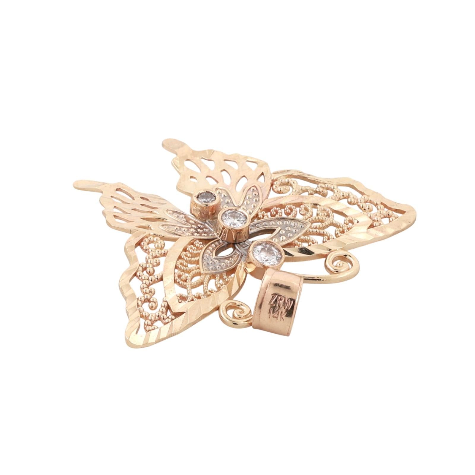Vintage Filigree Diamond Butterfly Pendant Charm 14K Yellow Gold 0.06 TW 1.15"