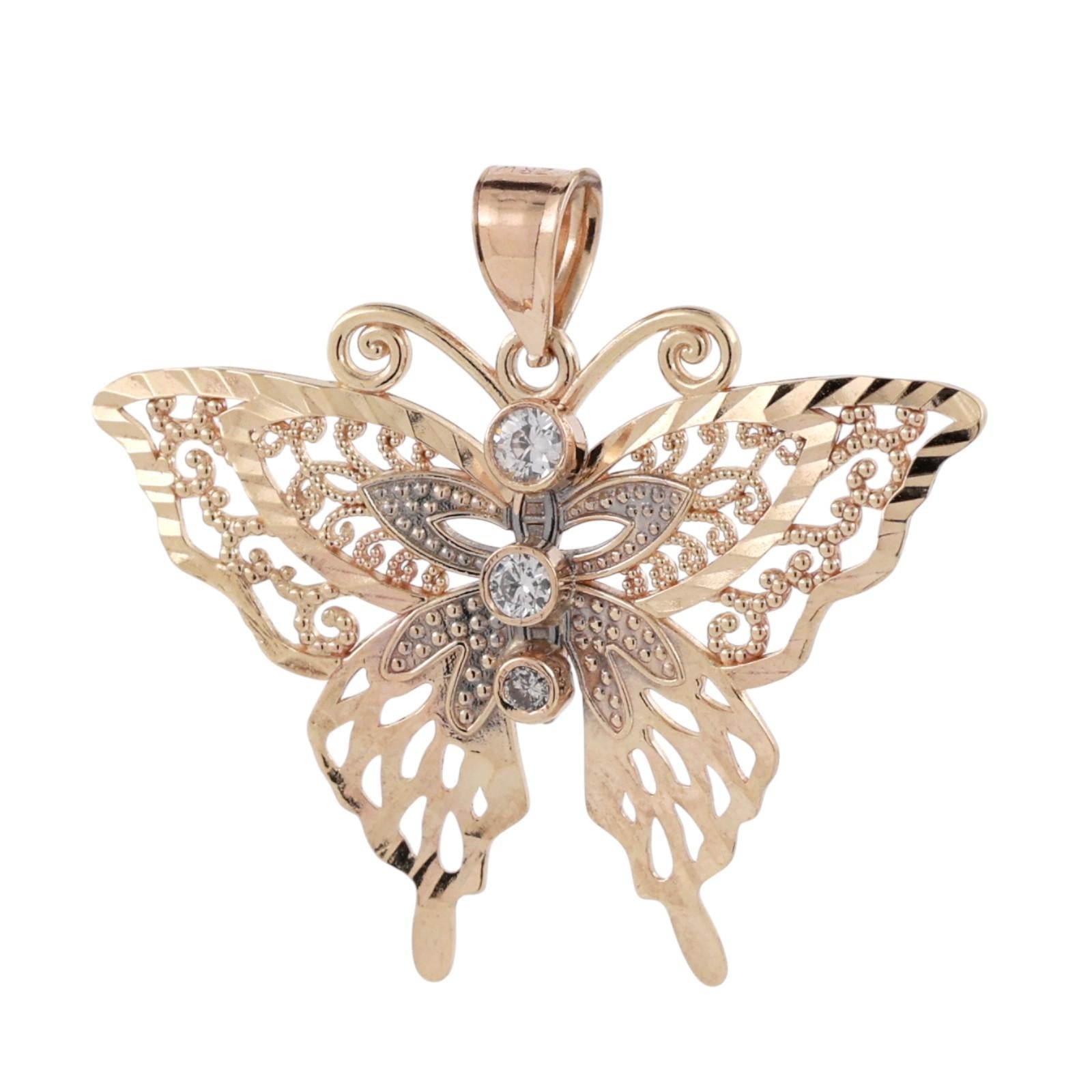 Vintage Filigree Diamond Butterfly Pendant Charm 14K Yellow Gold 0.06 TW 1.15"
