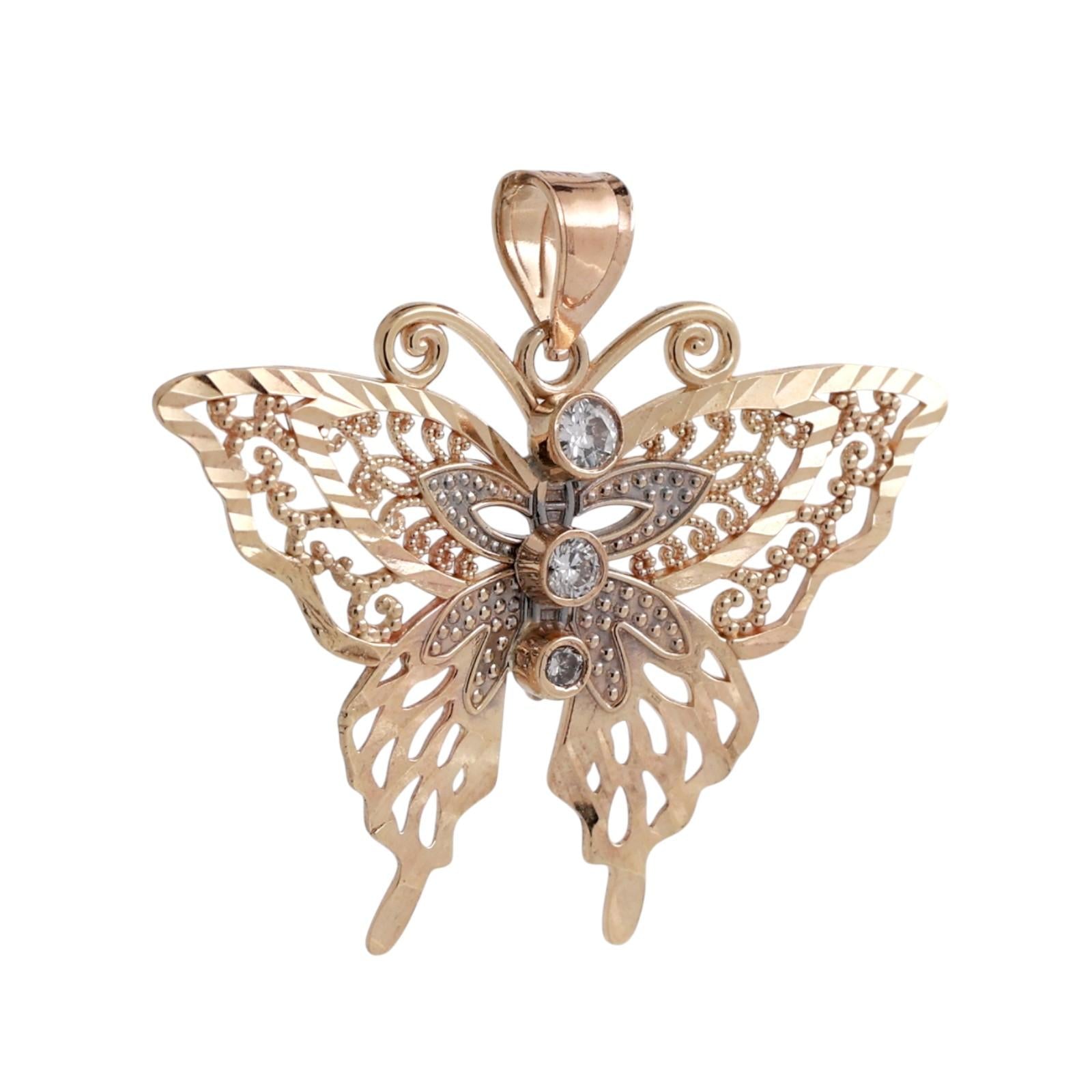 Vintage Filigree Diamond Butterfly Pendant Charm 14K Yellow Gold 0.06 TW 1.15"