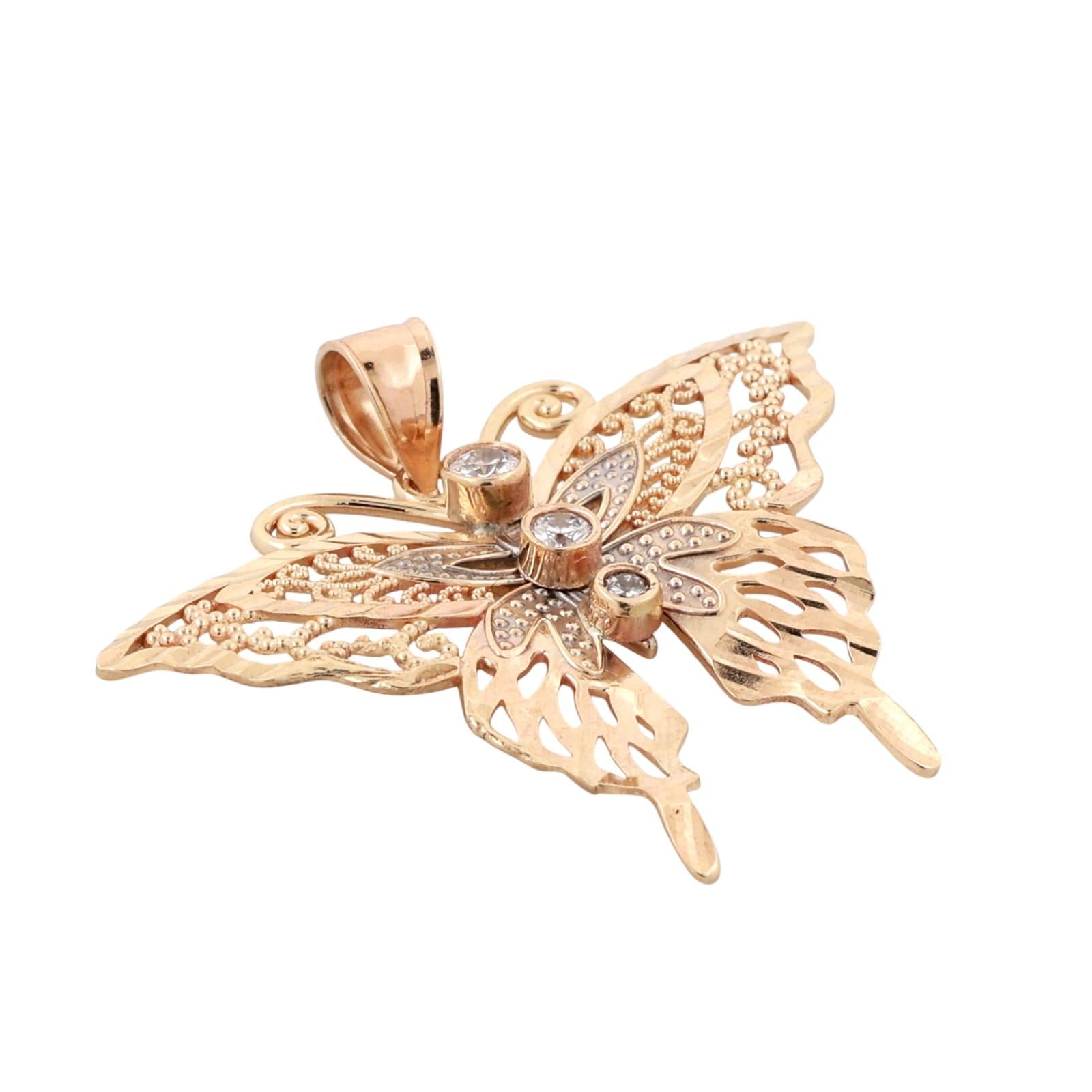 Vintage Filigree Diamond Butterfly Pendant Charm 14K Yellow Gold 0.06 TW 1.15"