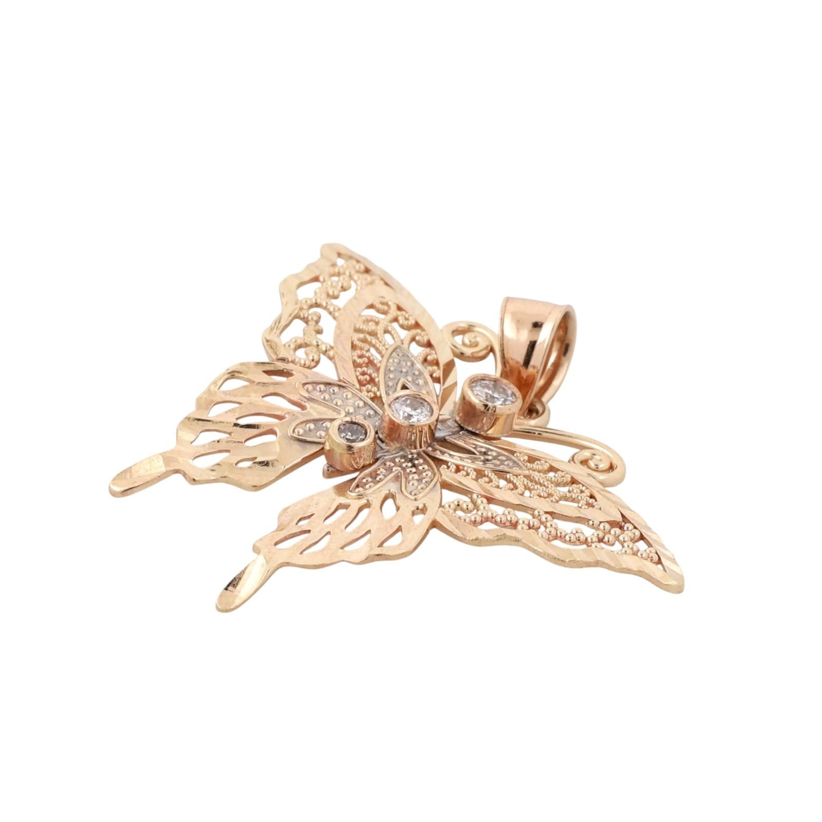 Vintage Filigree Diamond Butterfly Pendant Charm 14K Yellow Gold 0.06 TW 1.15"