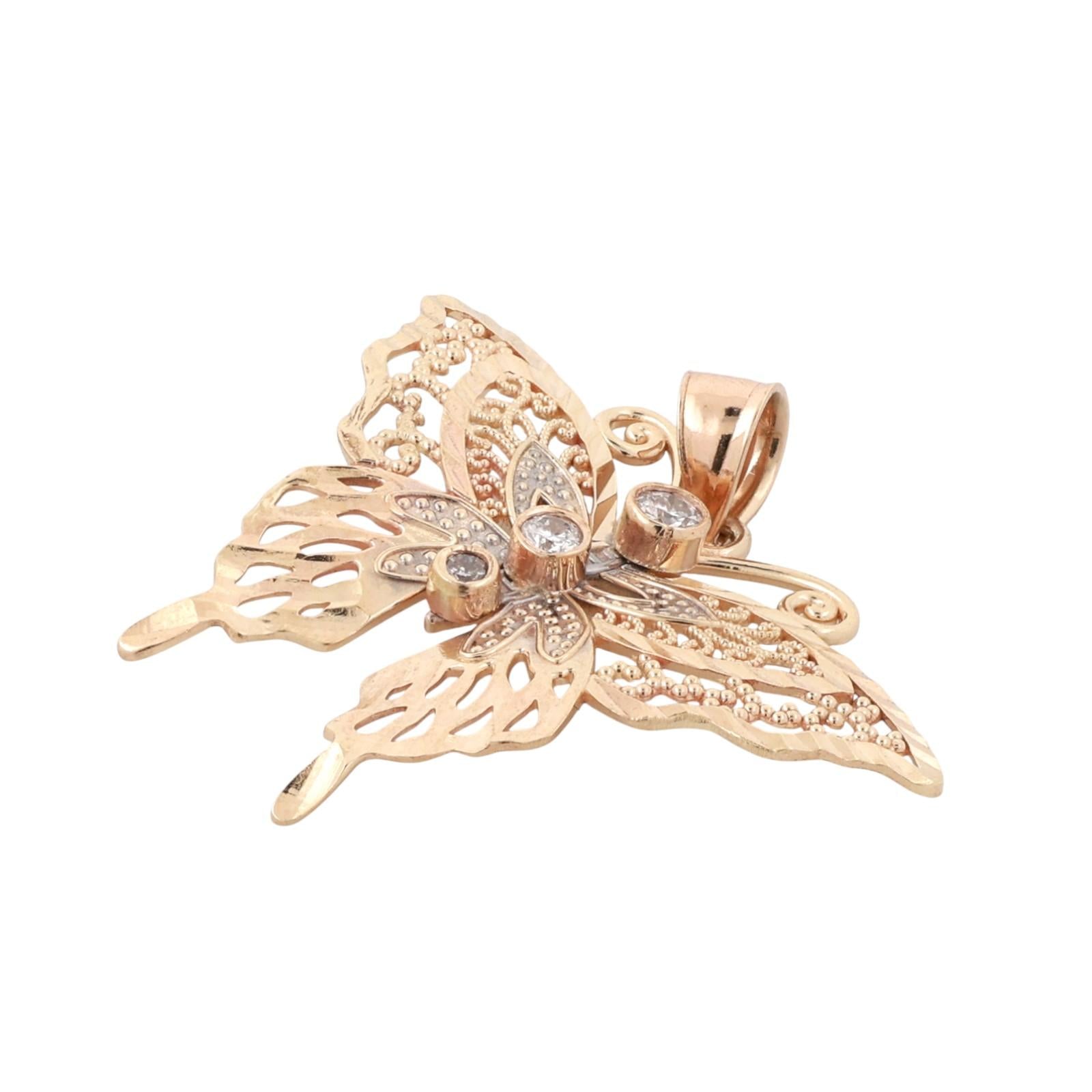 Vintage Filigree Diamond Butterfly Pendant Charm 14K Yellow Gold 0.06 TW 1.15"