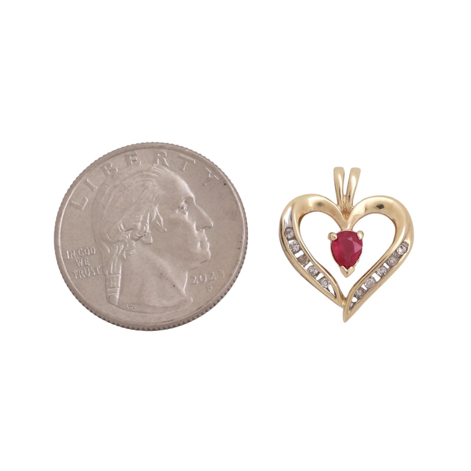 Ruby Diamond Open Heart Pendant Charm 10K Yellow Gold 0.35 CTW 0.78" Ladies