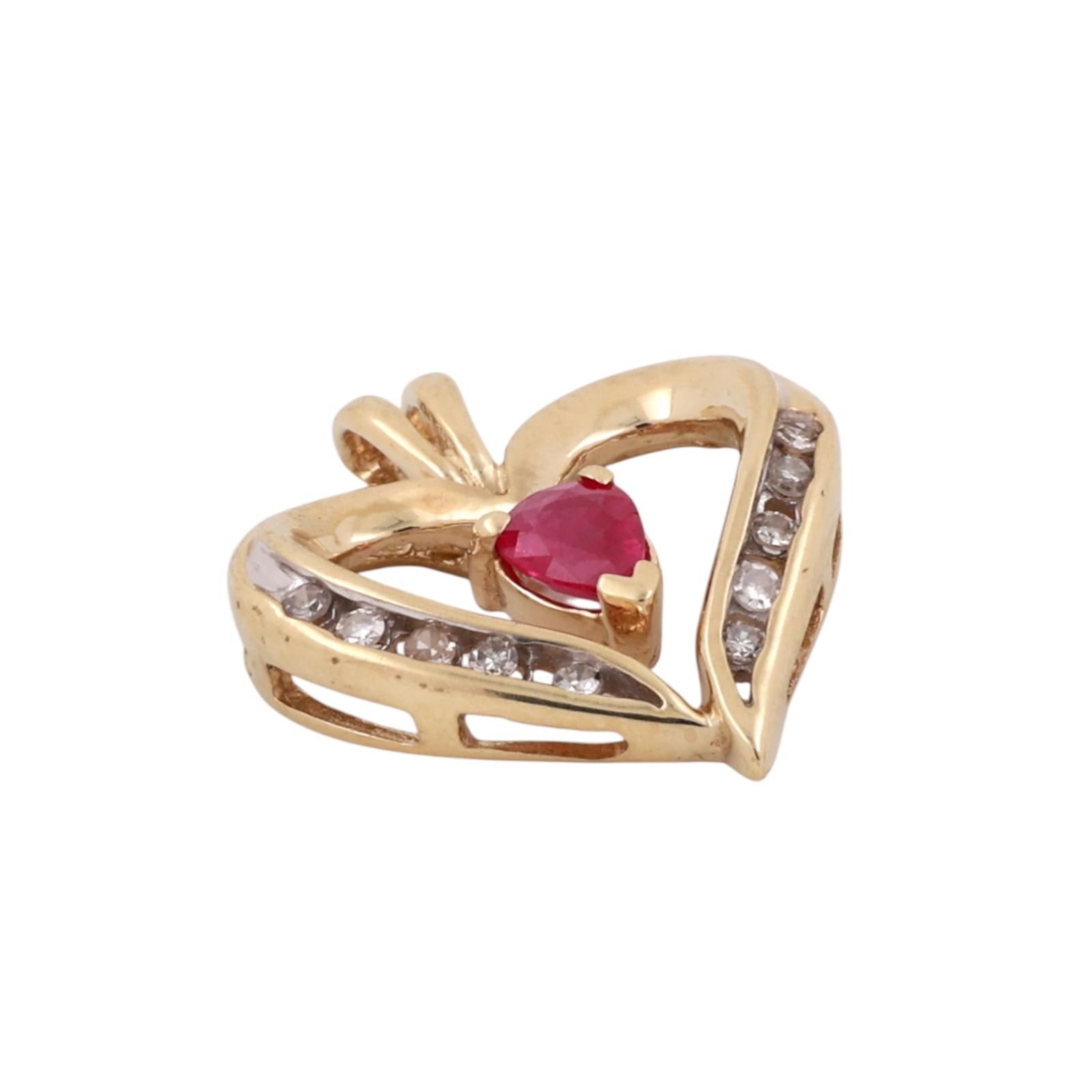 Ruby Diamond Open Heart Pendant Charm 10K Yellow Gold 0.35 CTW 0.78" Ladies