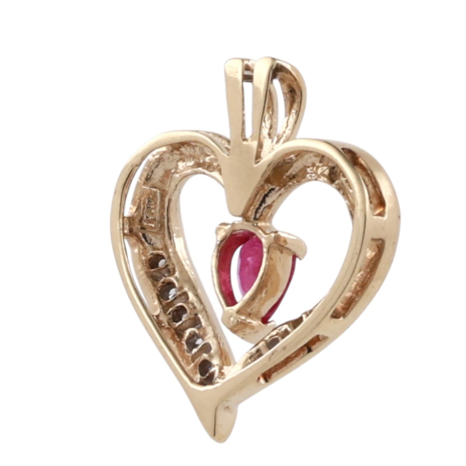 Ruby Diamond Open Heart Pendant Charm 10K Yellow Gold 0.35 CTW 0.78" Ladies