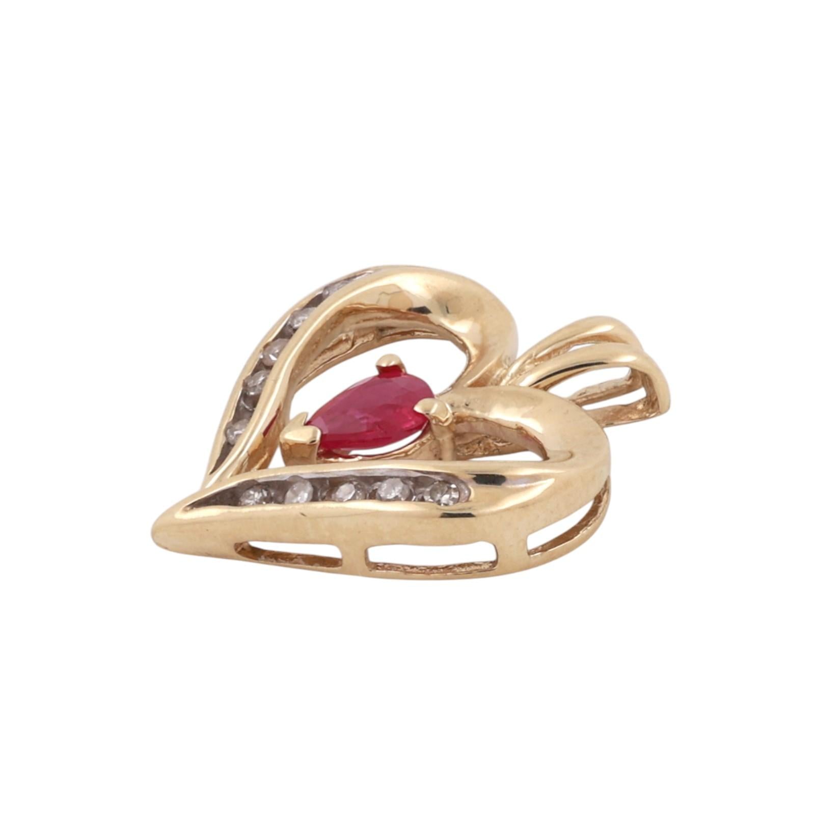 Ruby Diamond Open Heart Pendant Charm 10K Yellow Gold 0.35 CTW 0.78" Ladies