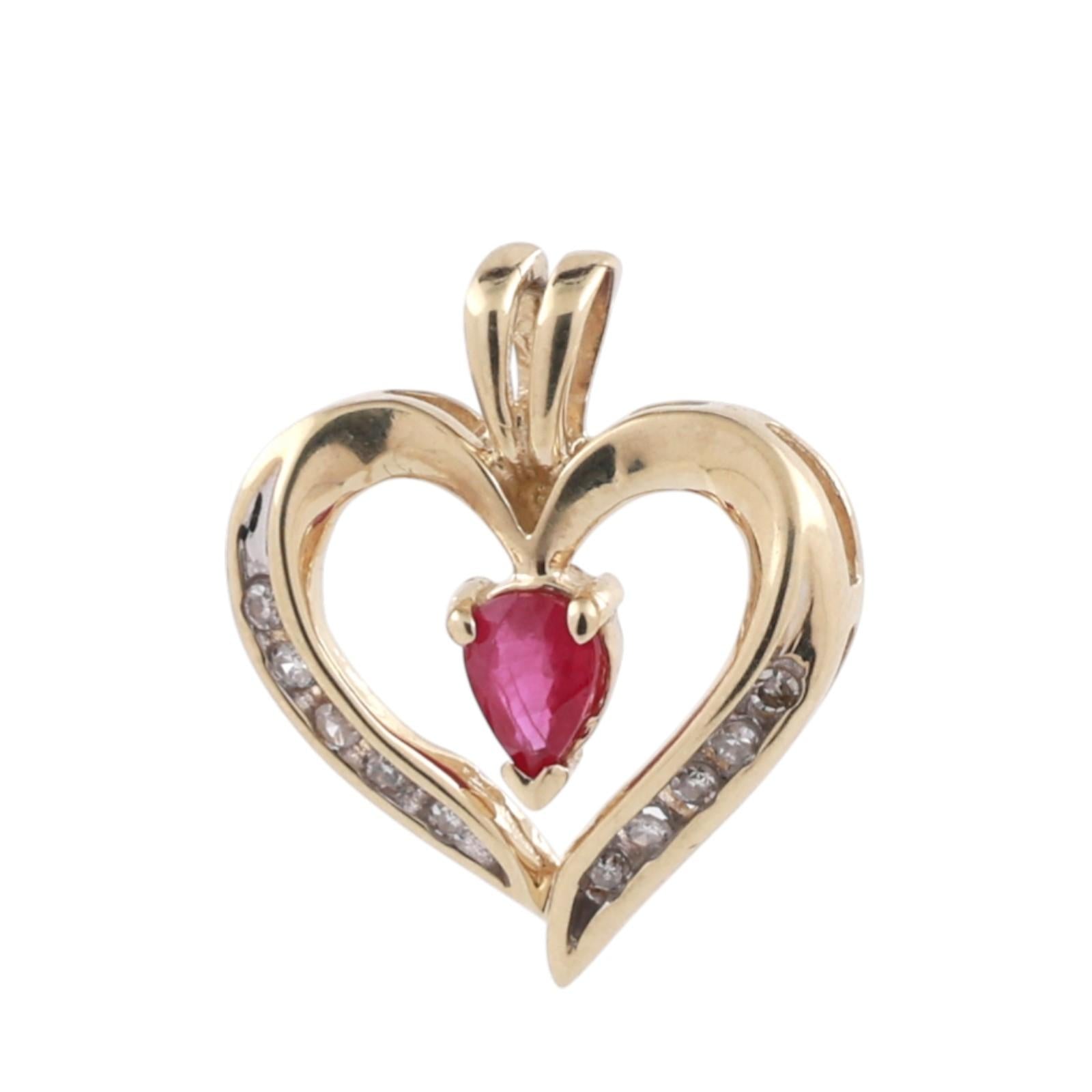 Ruby Diamond Open Heart Pendant Charm 10K Yellow Gold 0.35 CTW 0.78" Ladies