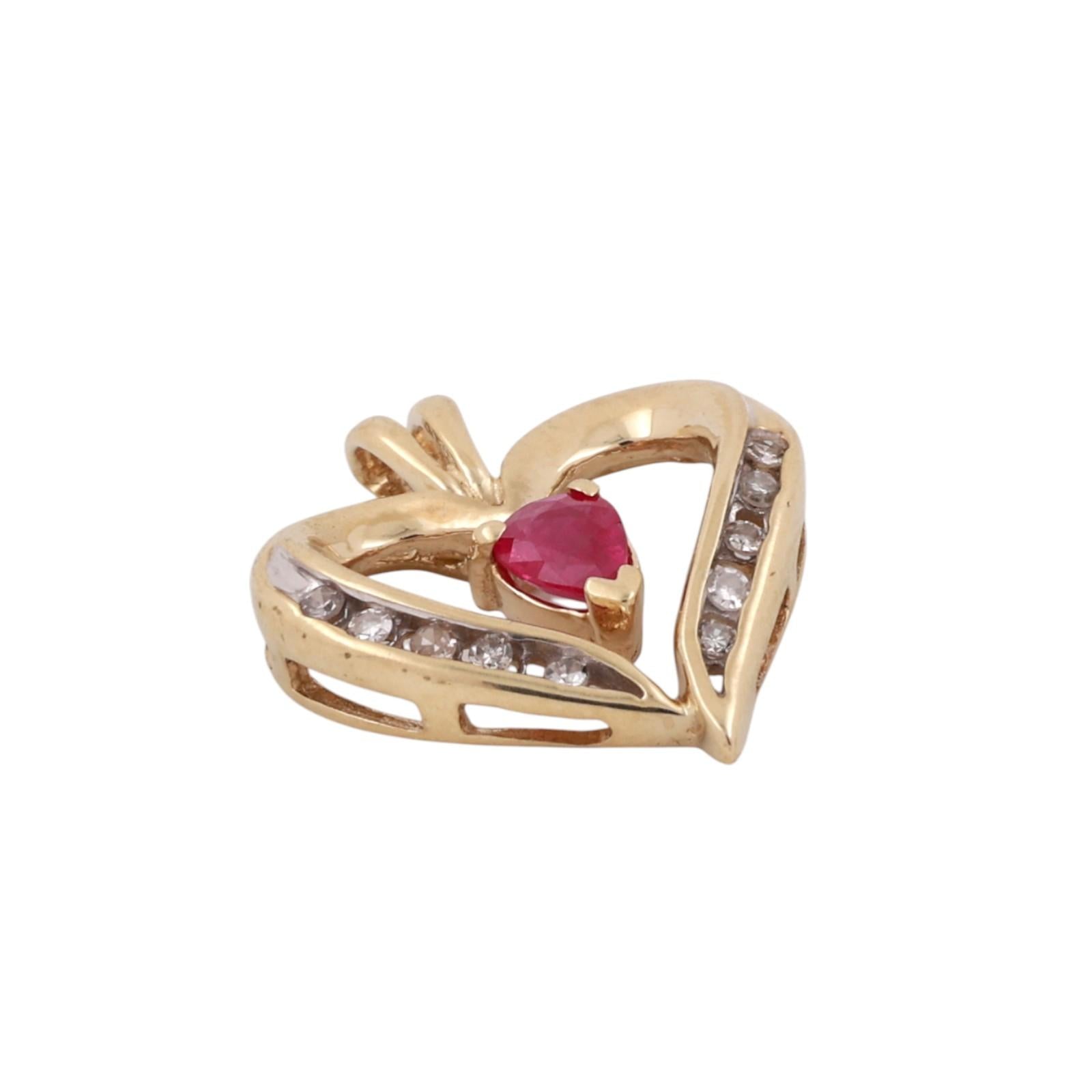 Ruby Diamond Open Heart Pendant Charm 10K Yellow Gold 0.35 CTW 0.78" Ladies