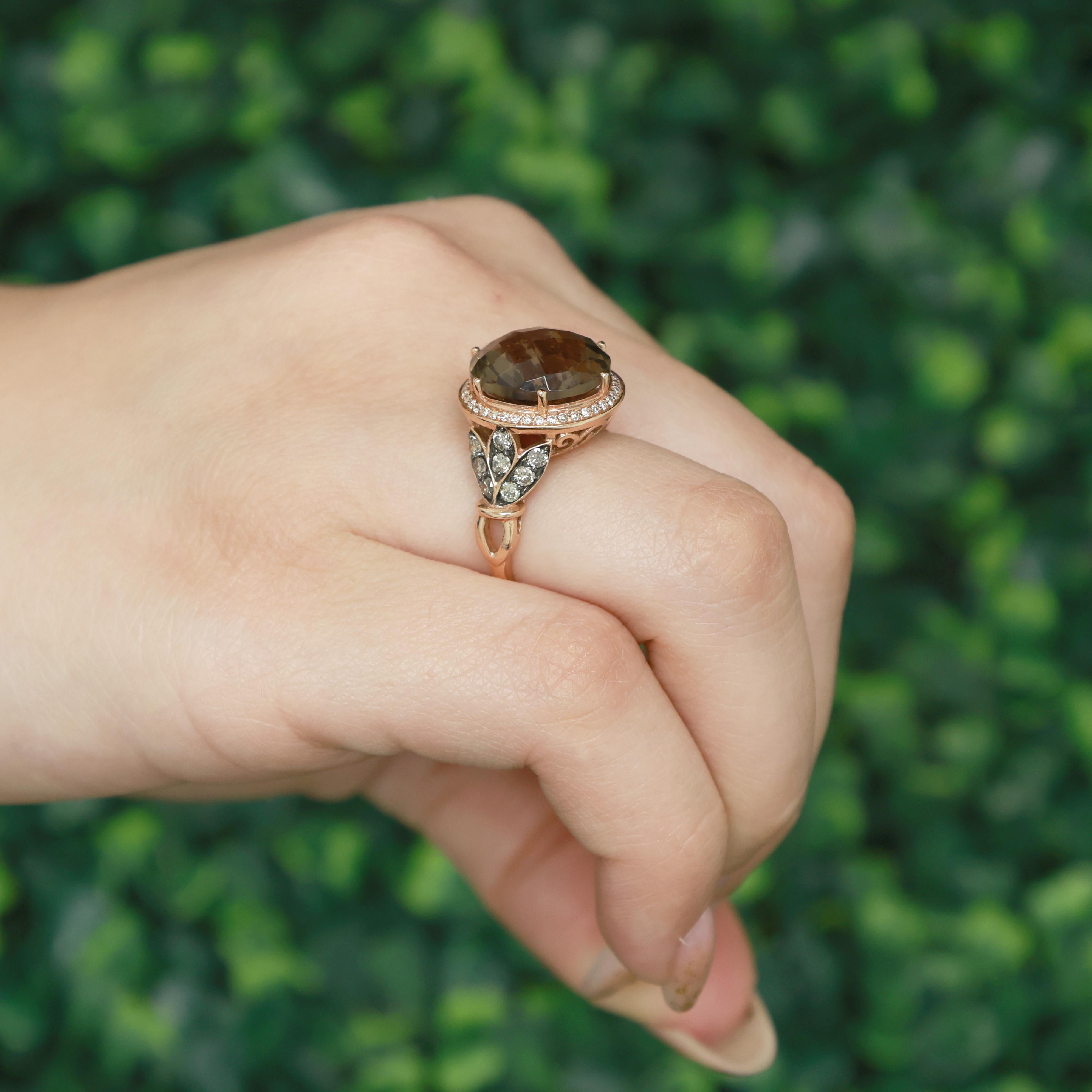 LeVian Smoky Quartz Chocolate Diamond Halo Ring 14K Rose Gold SZ 7 NEW WITH TAGS