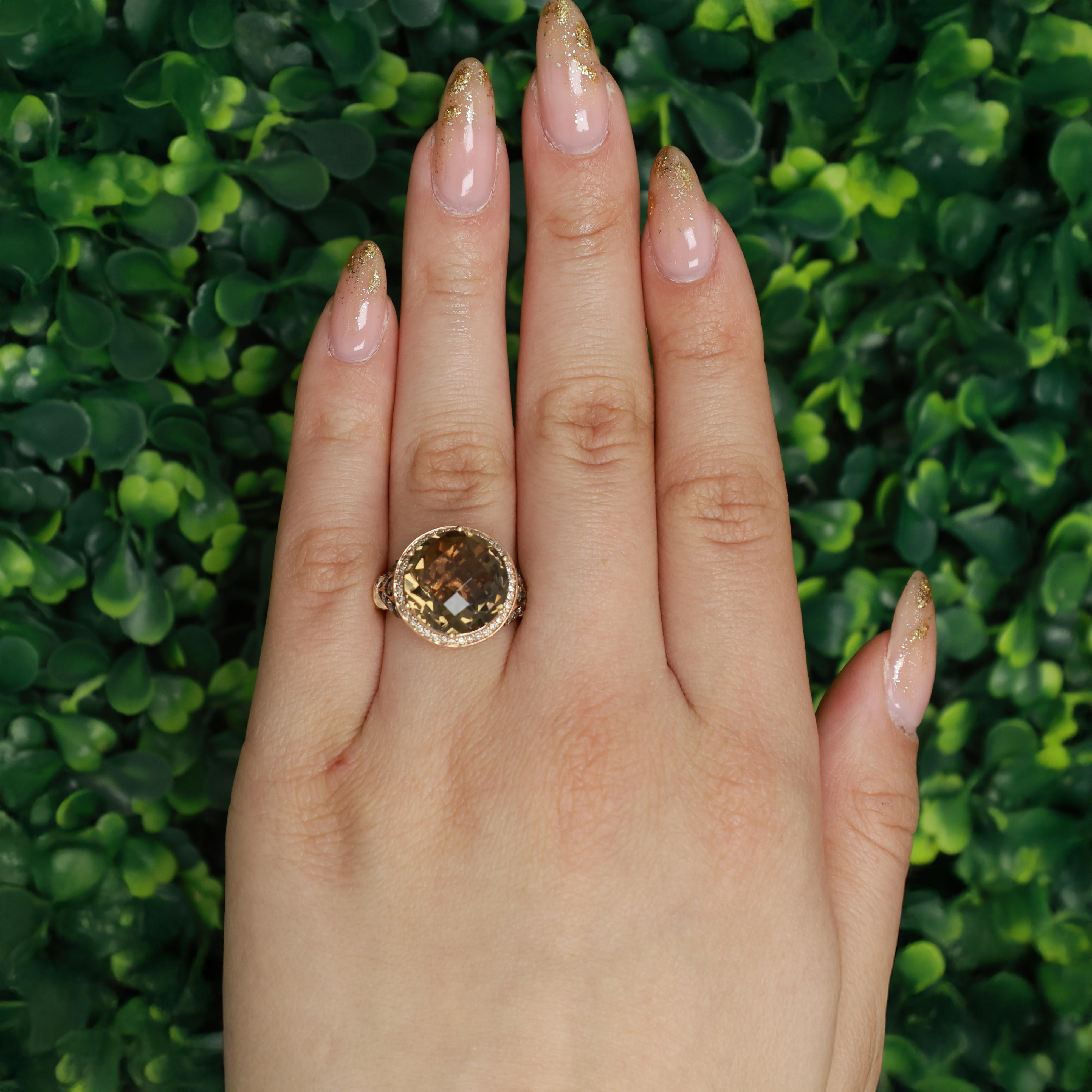 LeVian Smoky Quartz Chocolate Diamond Halo Ring 14K Rose Gold SZ 7 NEW WITH TAGS