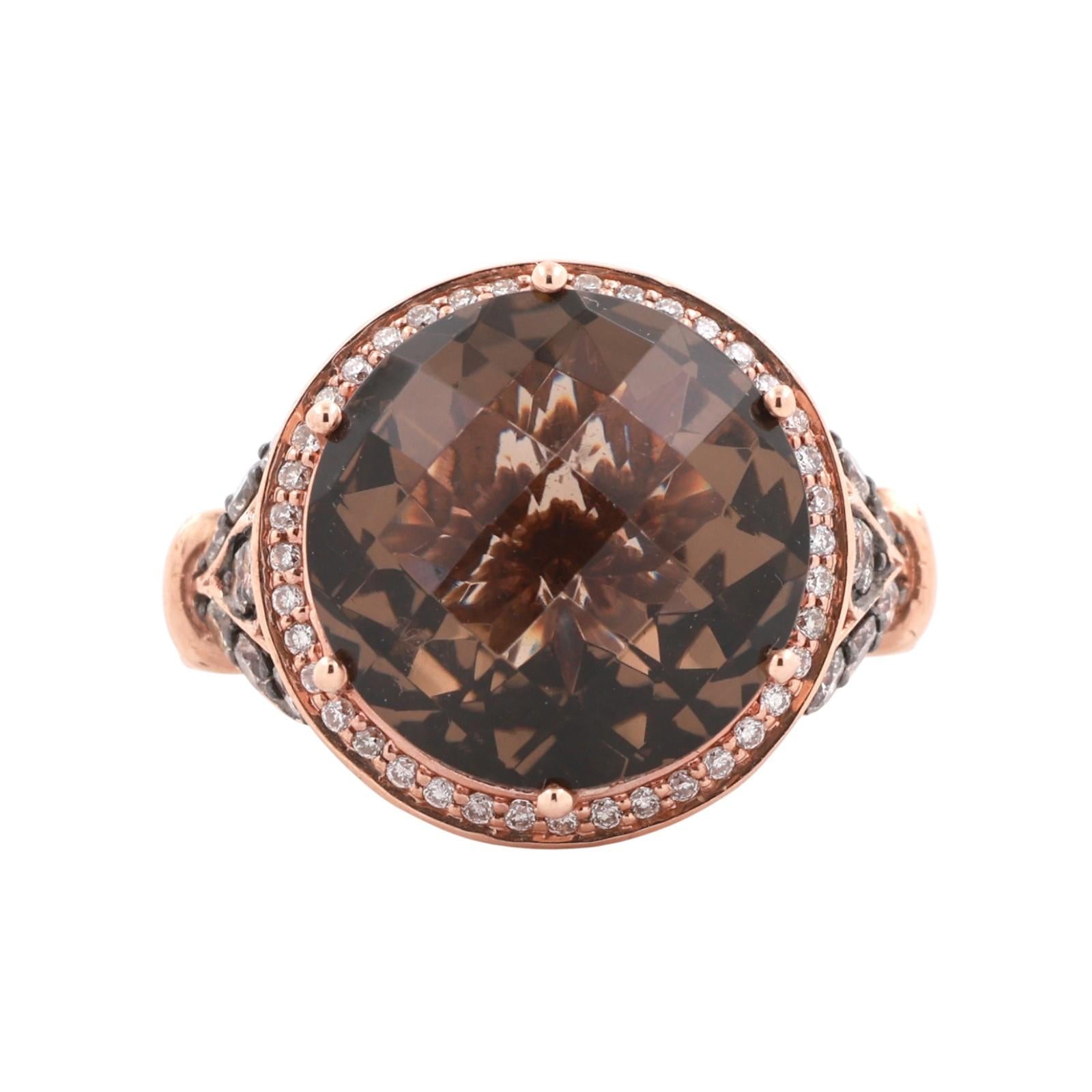 LeVian Smoky Quartz Chocolate Diamond Halo Ring 14K Rose Gold SZ 7 NEW WITH TAGS
