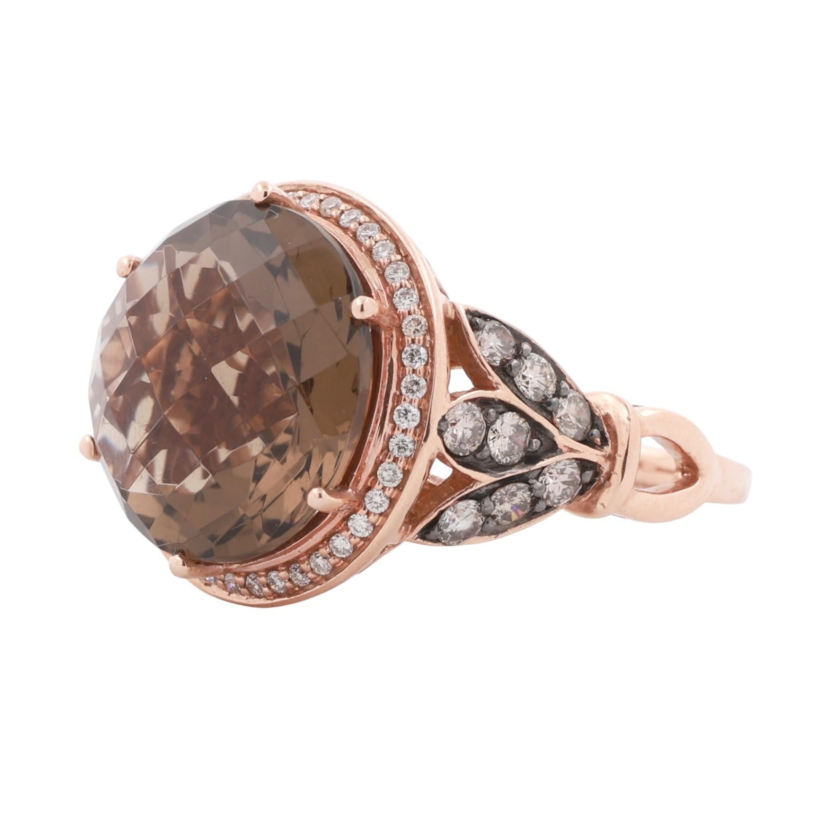 LeVian Smoky Quartz Chocolate Diamond Halo Ring 14K Rose Gold SZ 7 NEW WITH TAGS