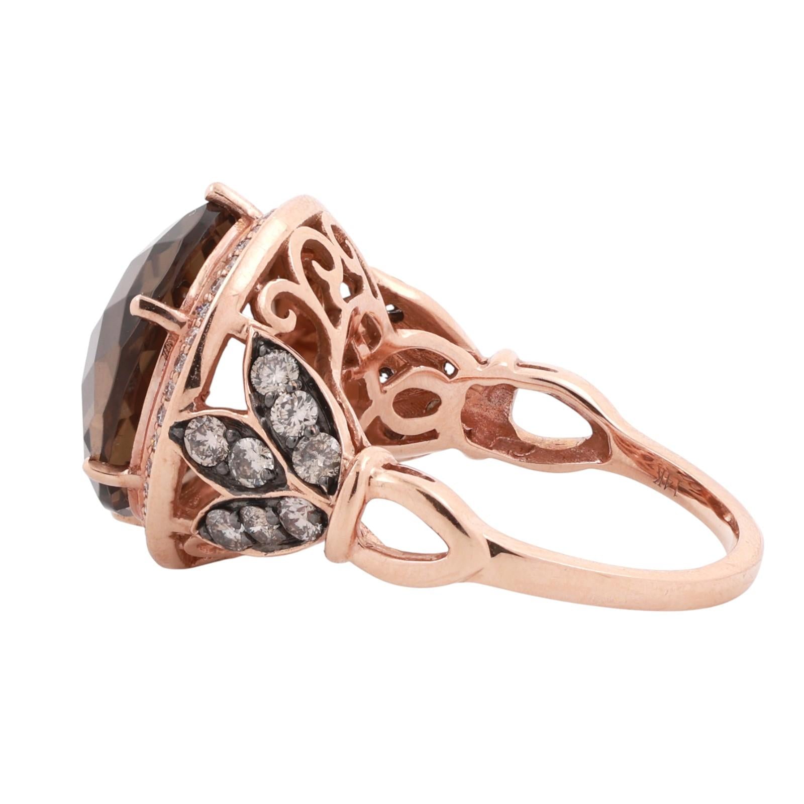 LeVian Smoky Quartz Chocolate Diamond Halo Ring 14K Rose Gold SZ 7 NEW WITH TAGS