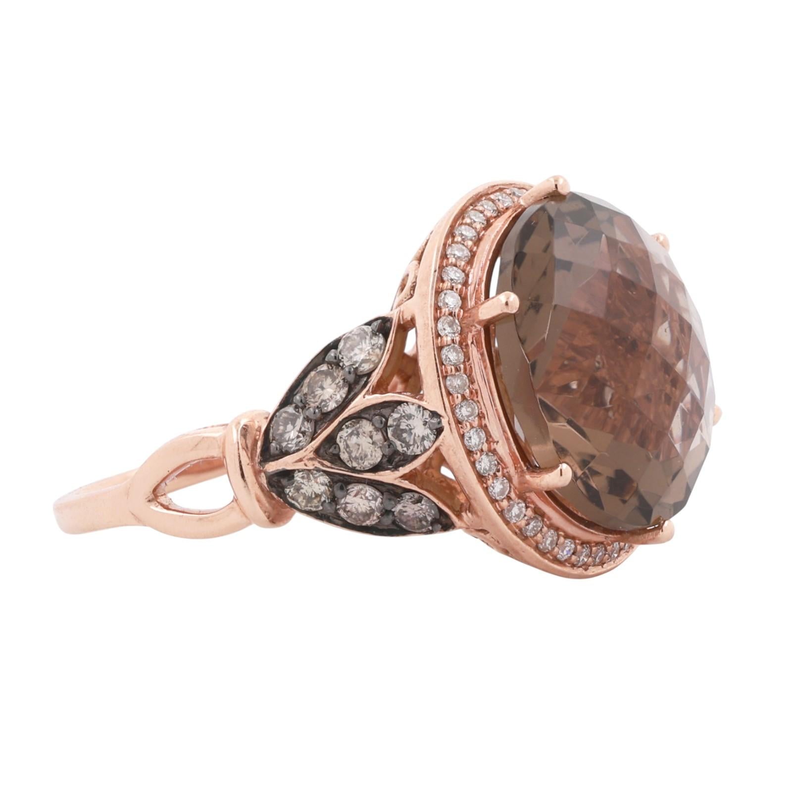 LeVian Smoky Quartz Chocolate Diamond Halo Ring 14K Rose Gold SZ 7 NEW WITH TAGS