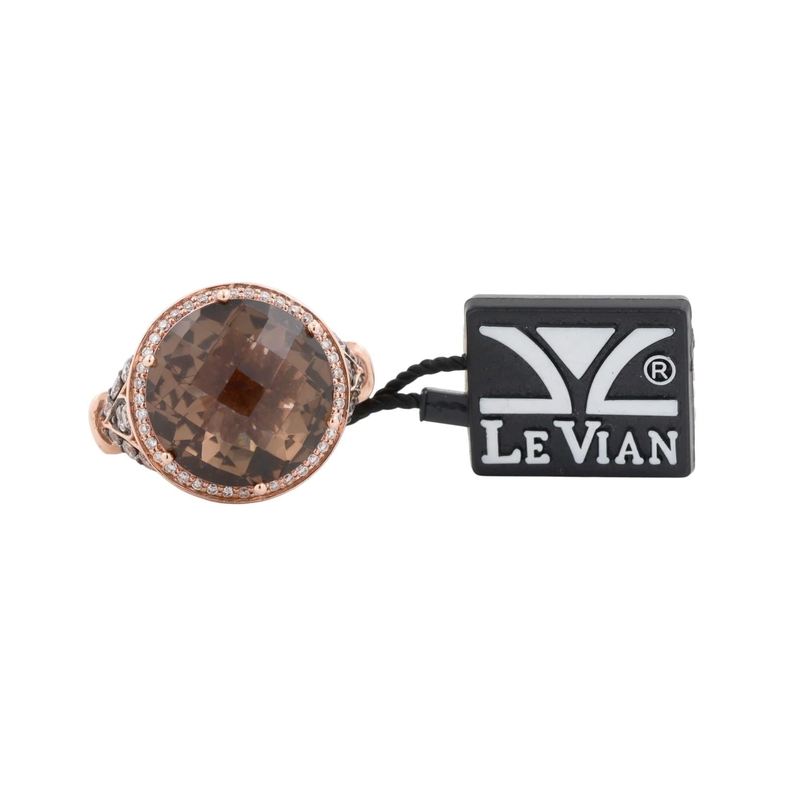 LeVian Smoky Quartz Chocolate Diamond Halo Ring 14K Rose Gold SZ 7 NEW WITH TAGS