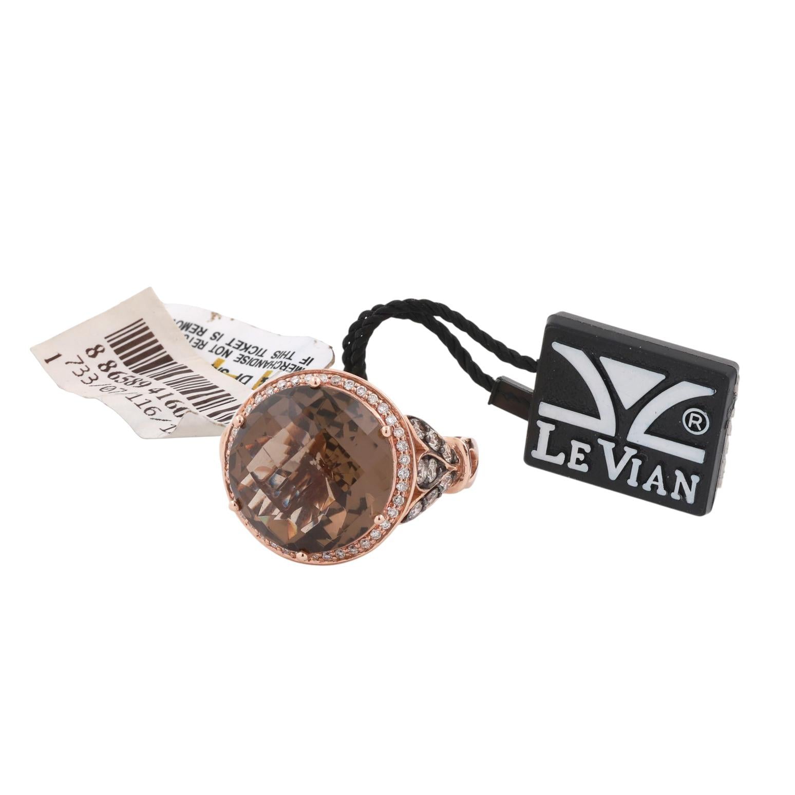 LeVian Smoky Quartz Chocolate Diamond Halo Ring 14K Rose Gold SZ 7 NEW WITH TAGS