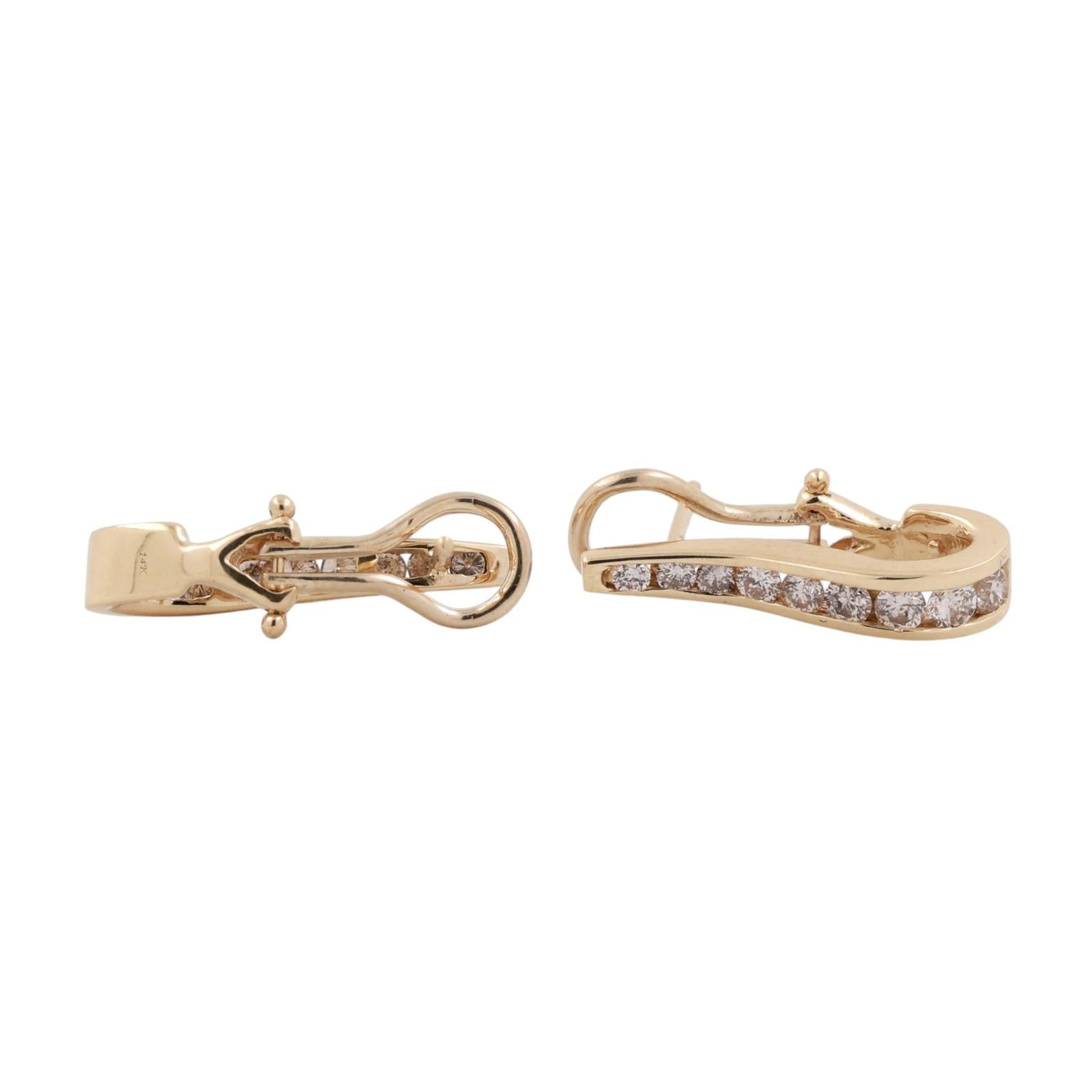 1.00ctw Diamond Hoop Earrings 14K Yellow Gold Channel Set Huggie Omega Back