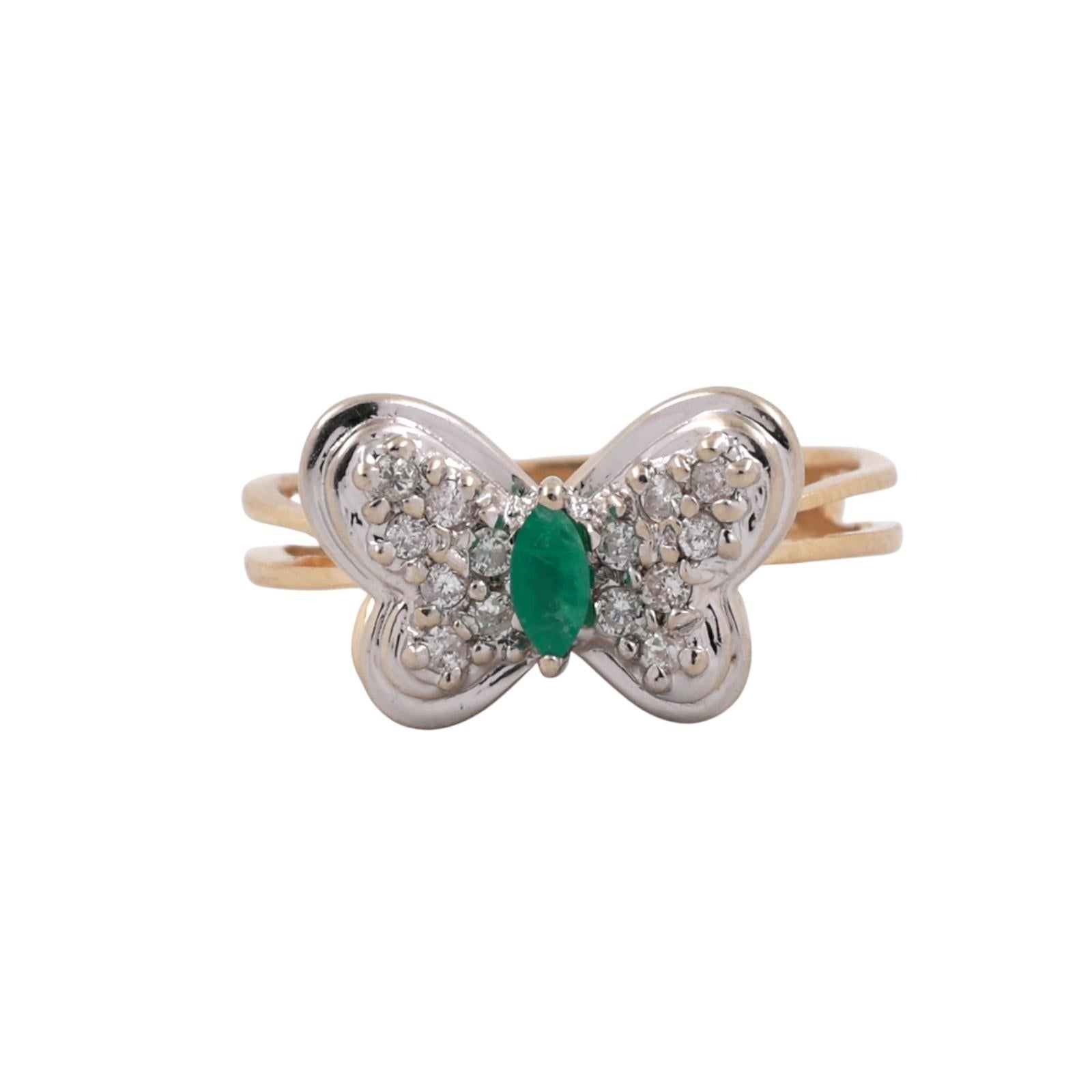 Diamond Emerald Butterfly Statement Ring 14K Gold  0.33 CTW Size 5.5 Ladies
