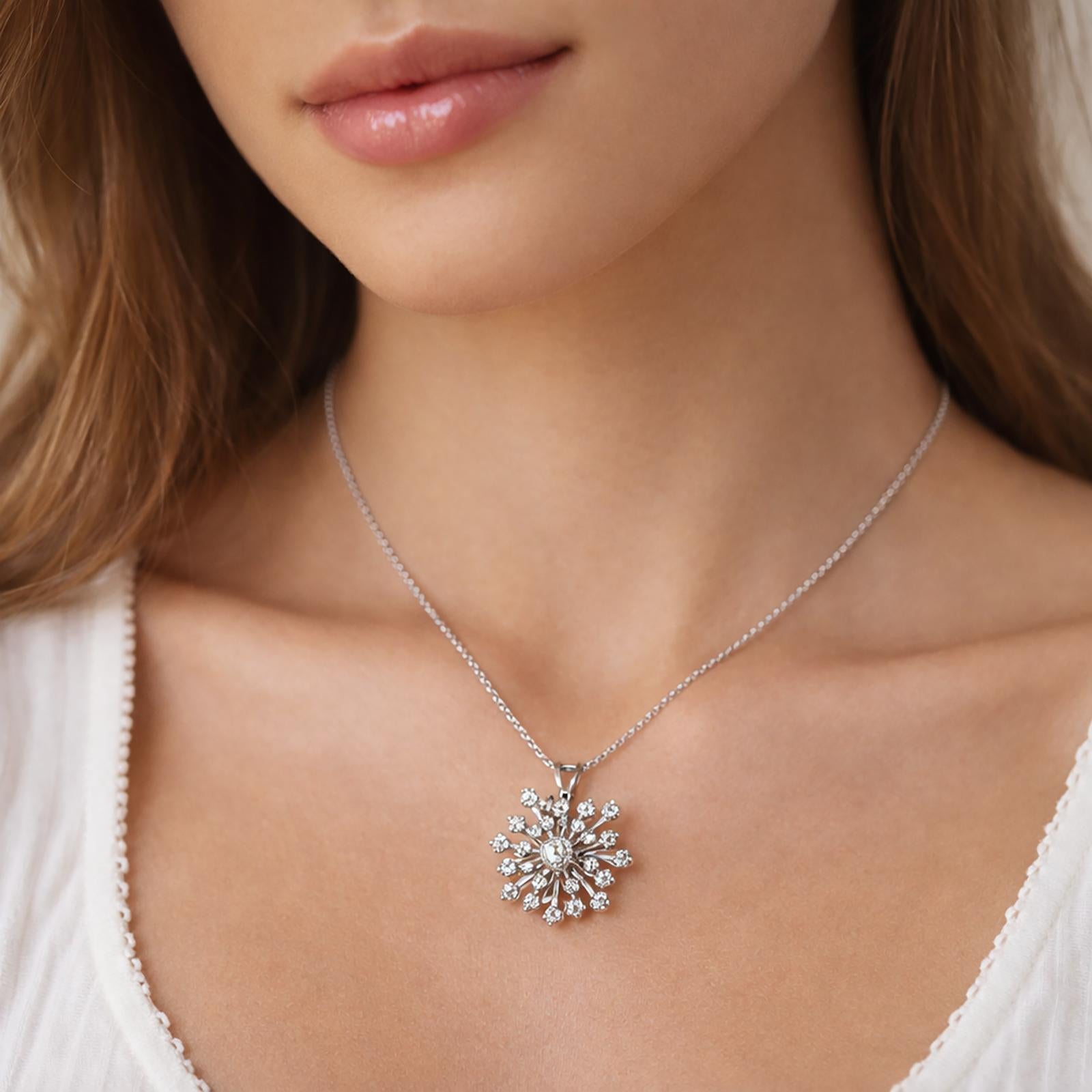 Diamond Starburst Pendant Spiga Chain Necklace 14K White Gold 0.75 TW 16"