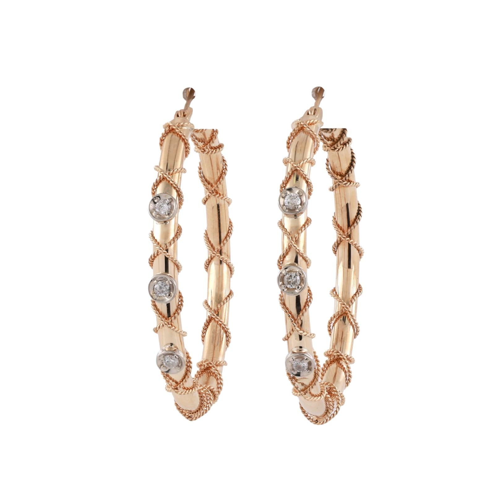 Diamond Circle Twisted Round Hoop Earrings 14K Gold 0.30 TW 1.70" Ladies