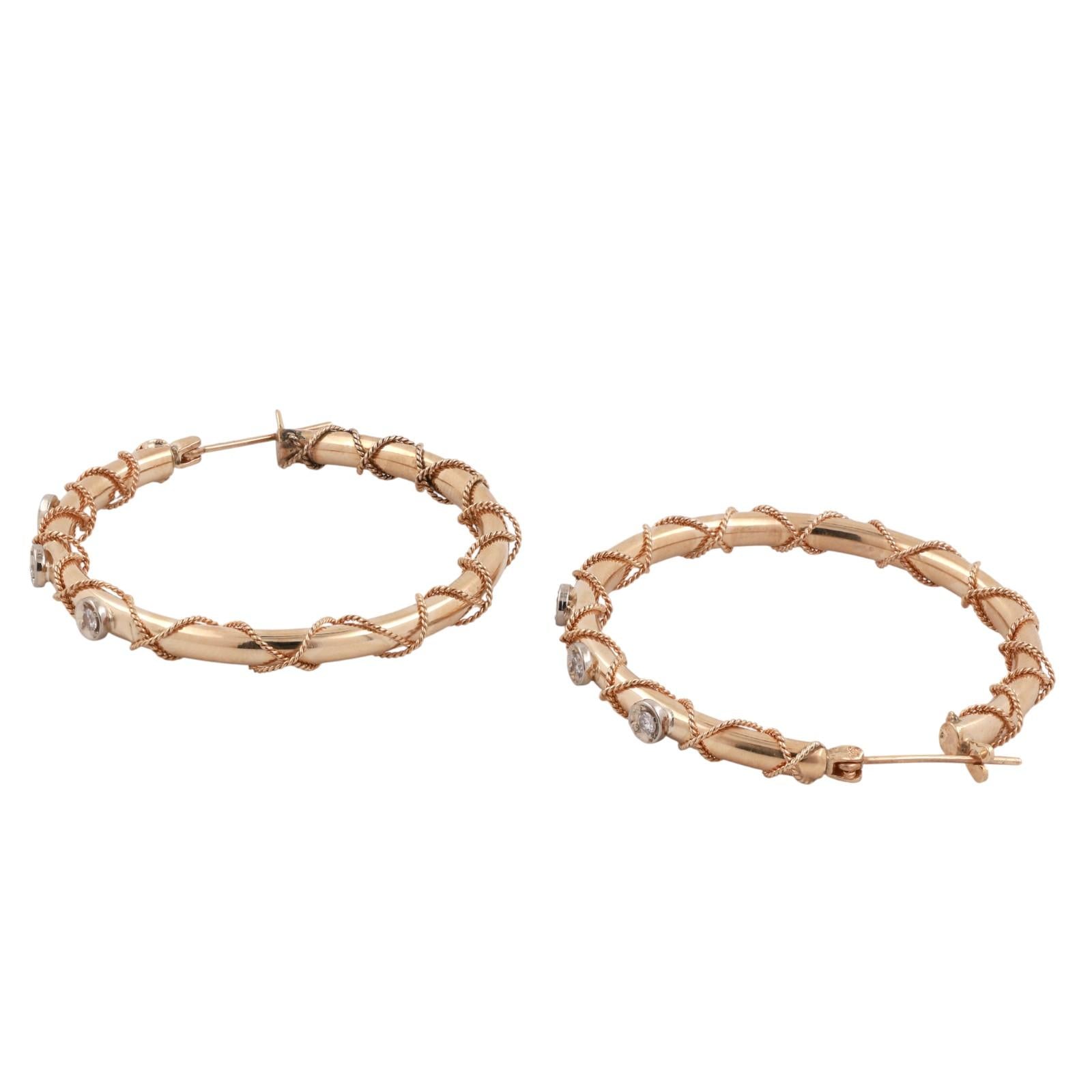 Diamond Circle Twisted Round Hoop Earrings 14K Gold 0.30 TW 1.70" Ladies