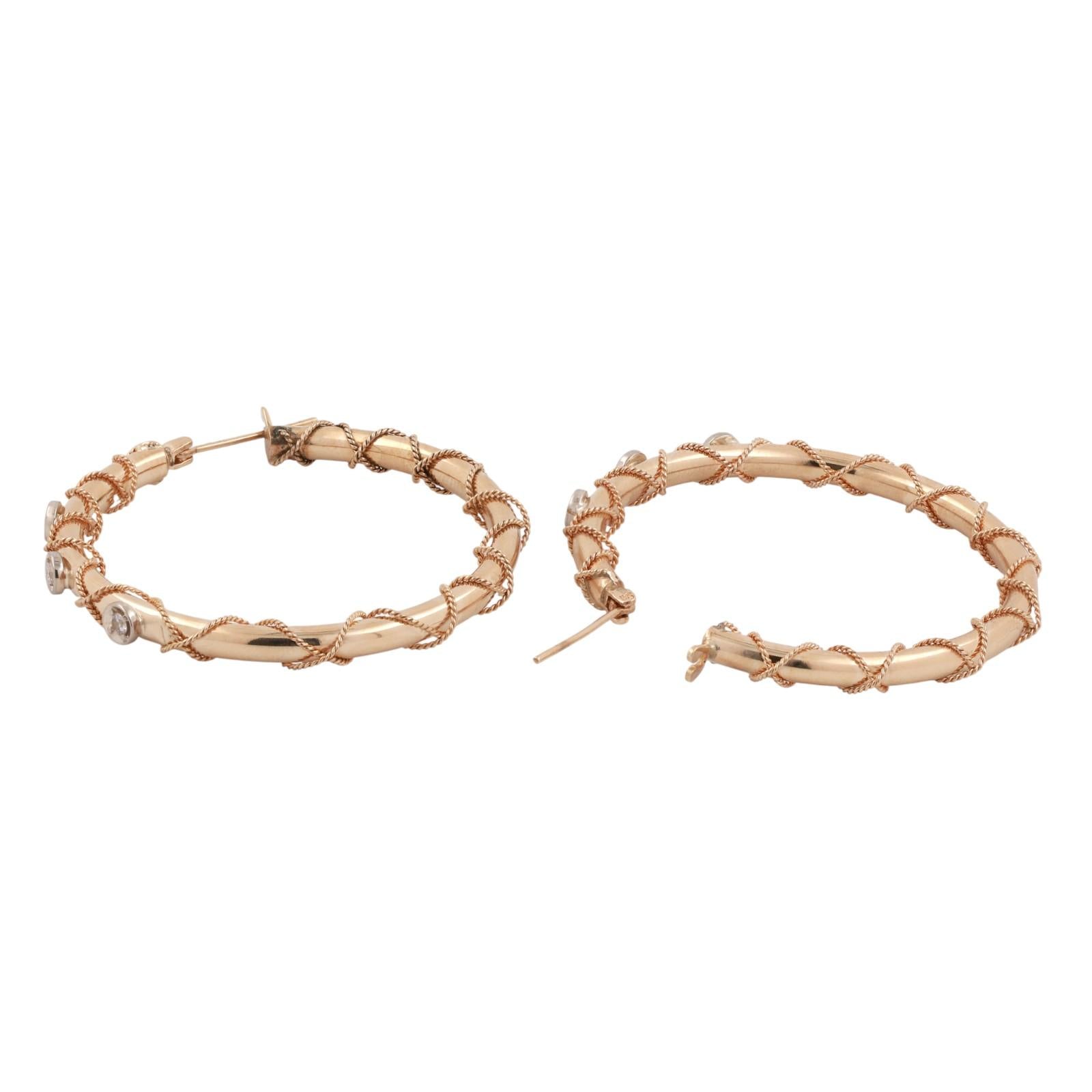 Diamond Circle Twisted Round Hoop Earrings 14K Gold 0.30 TW 1.70" Ladies