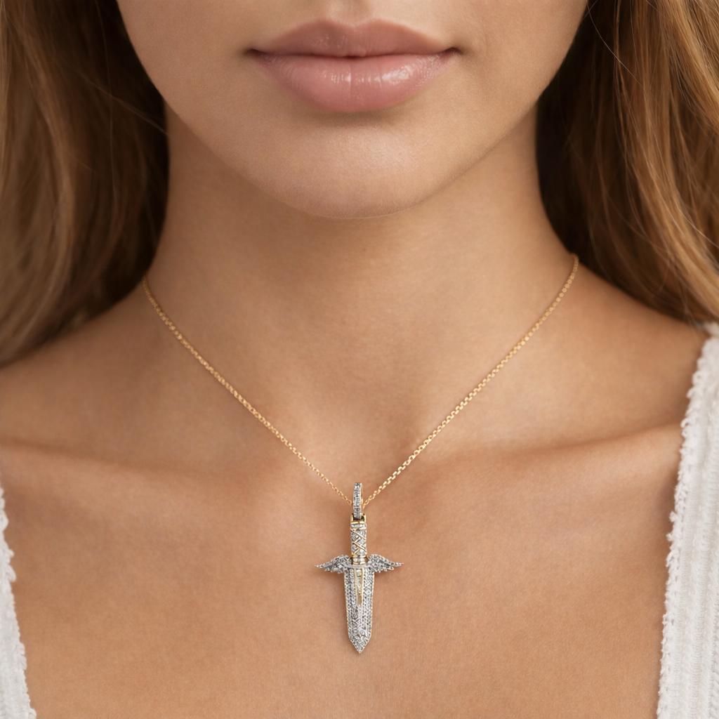 Cluster Diamond Angel Wing Dagger Pendant 1.50 TW 14K Yellow Gold 2.10" Unisex