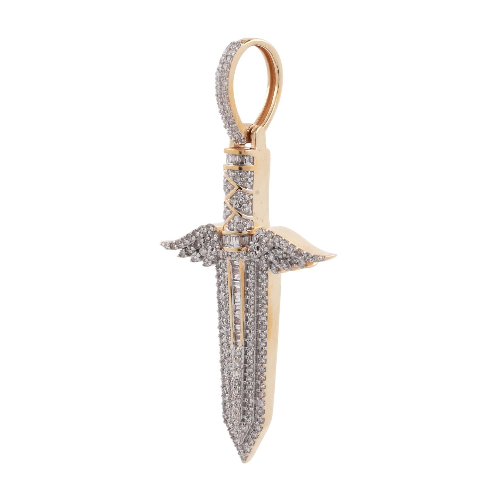 Cluster Diamond Angel Wing Dagger Pendant 1.50 TW 14K Yellow Gold 2.10" Unisex