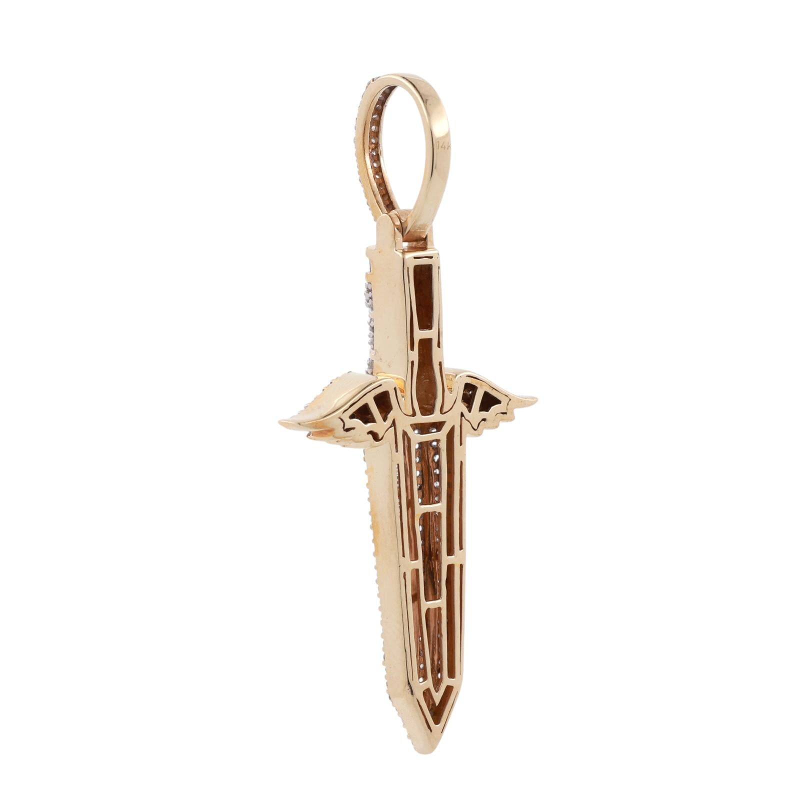 Cluster Diamond Angel Wing Dagger Pendant 1.50 TW 14K Yellow Gold 2.10" Unisex