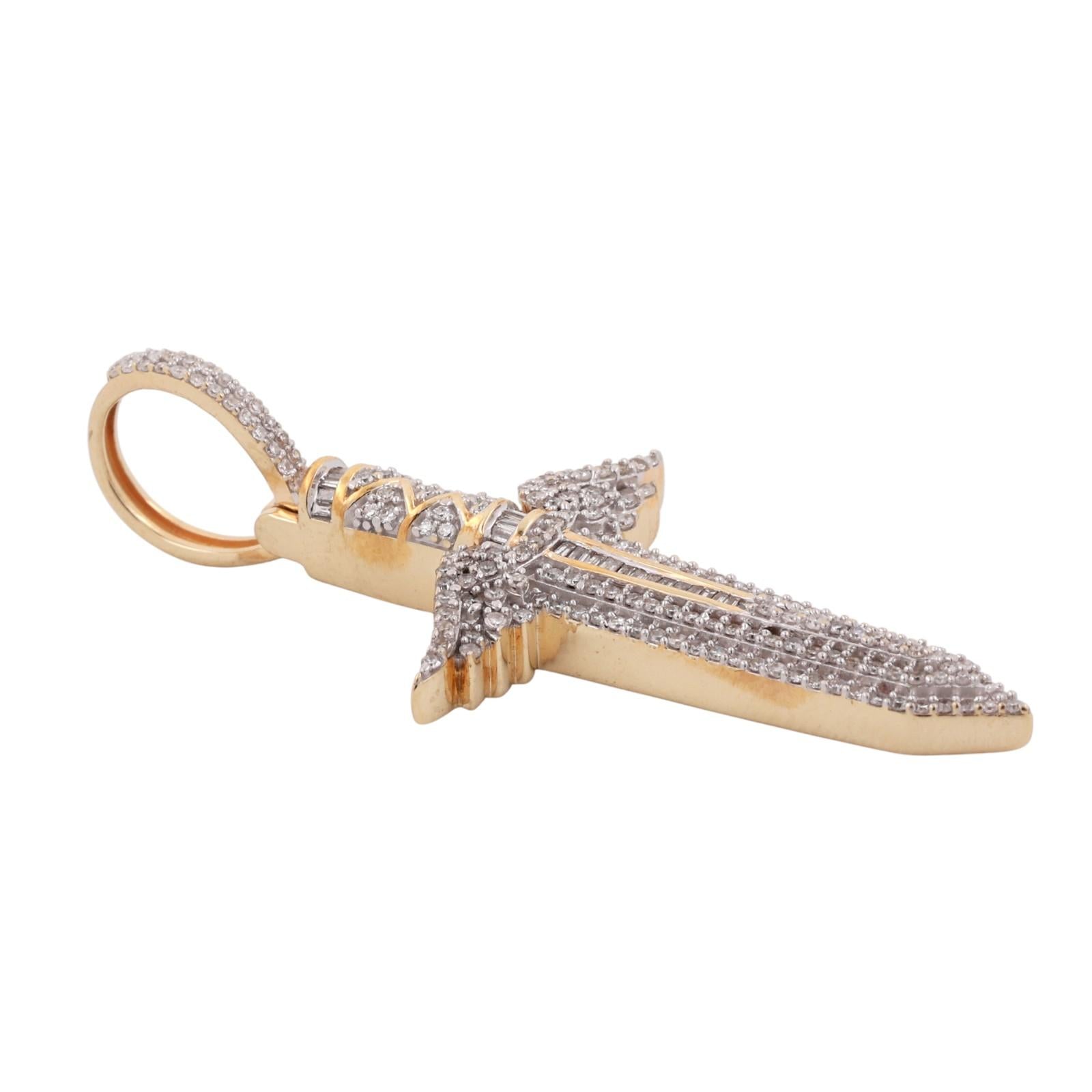 Cluster Diamond Angel Wing Dagger Pendant 1.50 TW 14K Yellow Gold 2.10" Unisex