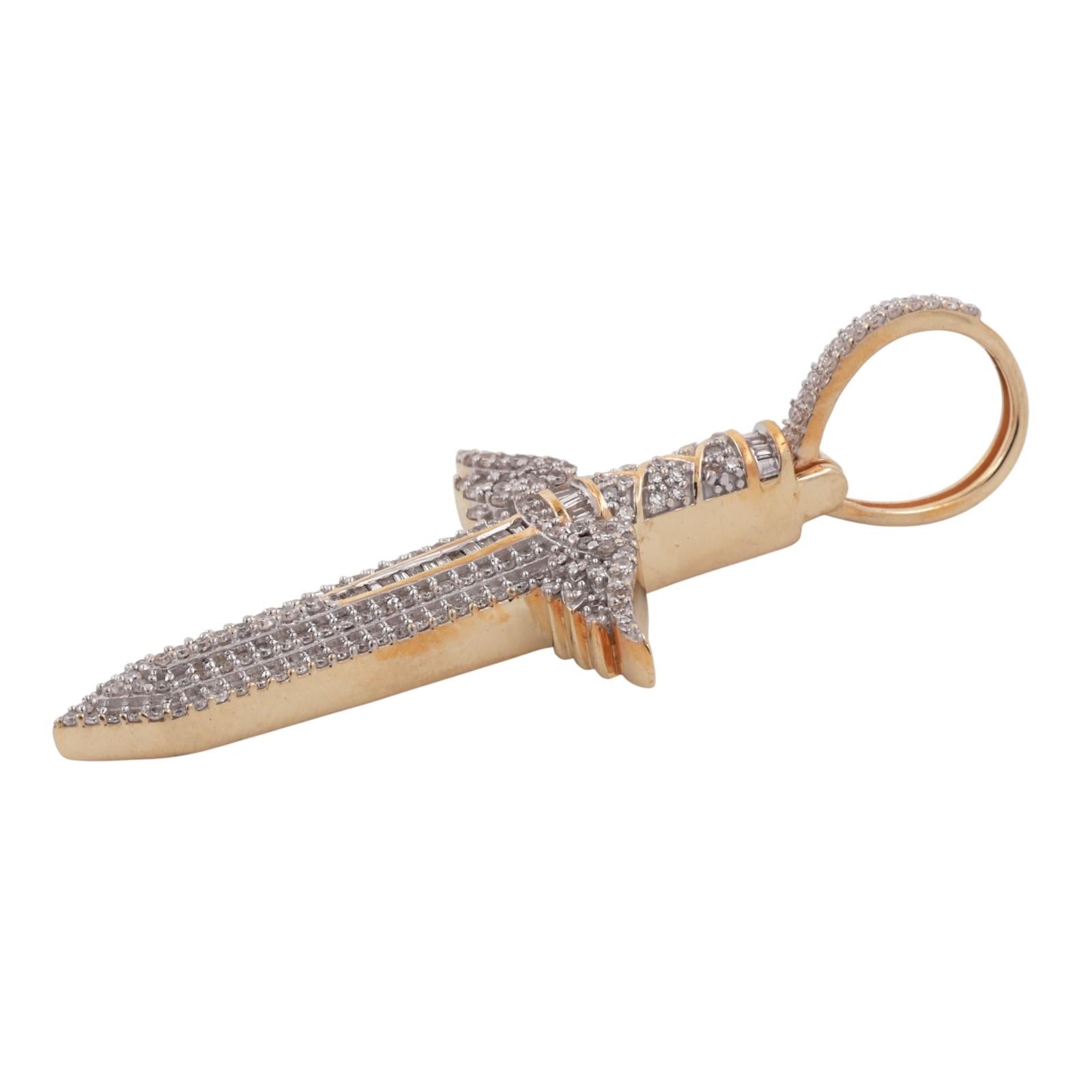 Cluster Diamond Angel Wing Dagger Pendant 1.50 TW 14K Yellow Gold 2.10" Unisex