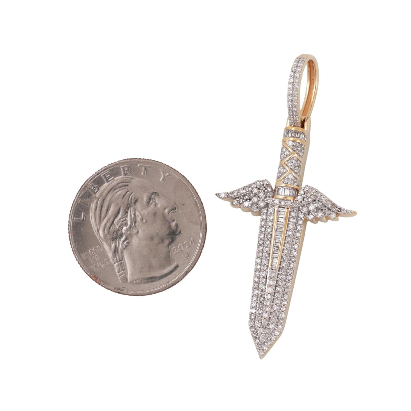 Cluster Diamond Angel Wing Dagger Pendant 1.50 TW 14K Yellow Gold 2.10" Unisex