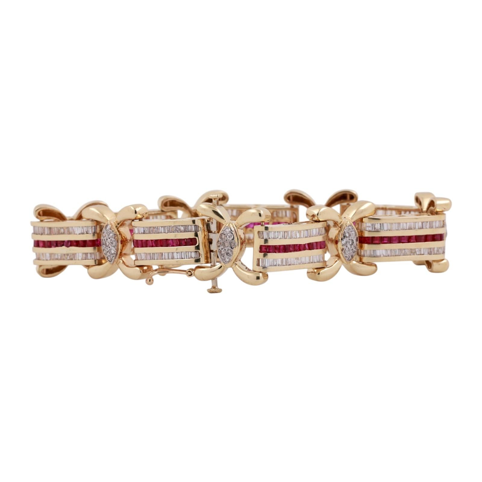 9.61ct Ruby & Diamond Bracelet 14K Two-Tone Gold 8" Wide Baguette Estate