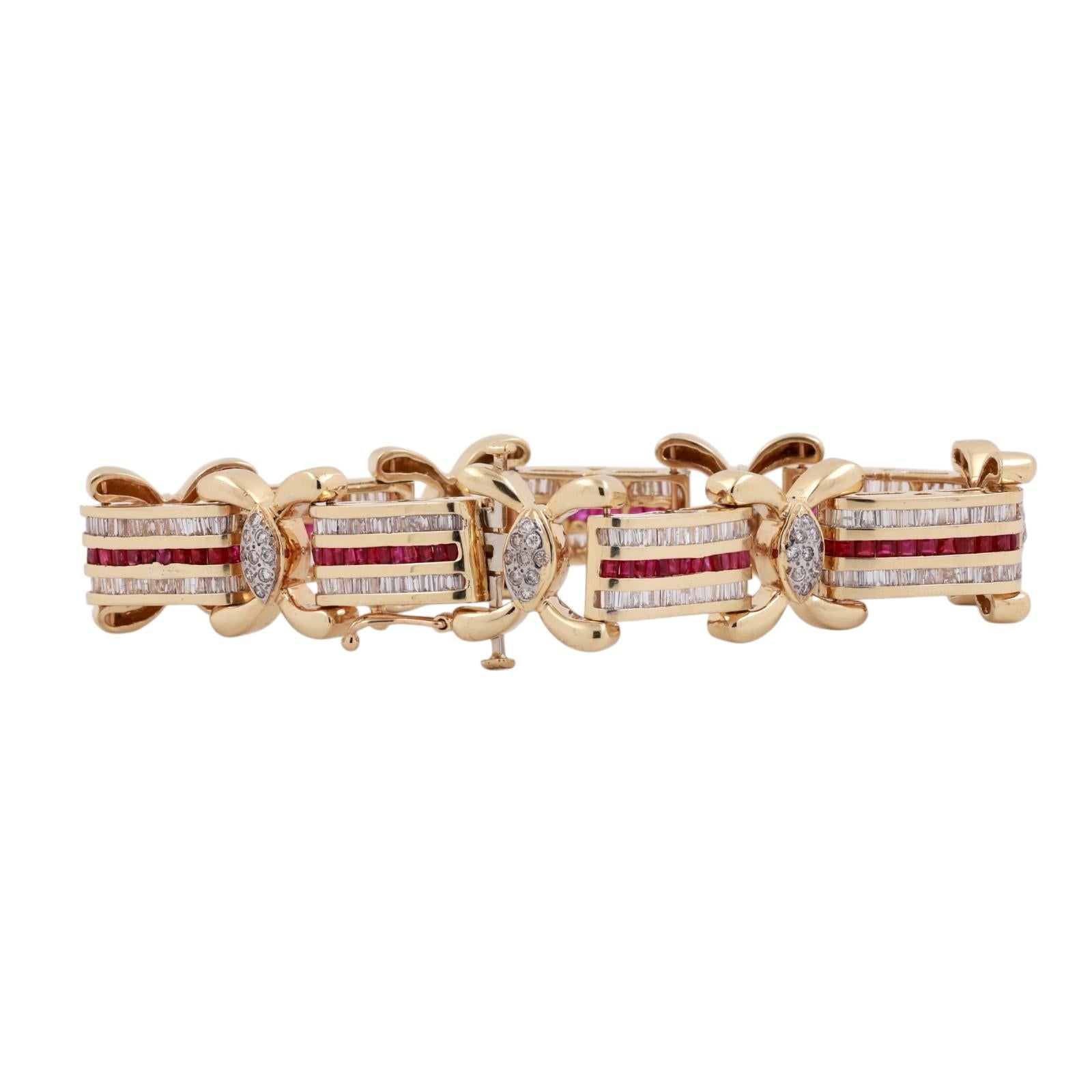 9.61ct Ruby & Diamond Bracelet 14K Two-Tone Gold 8" Wide Baguette Estate