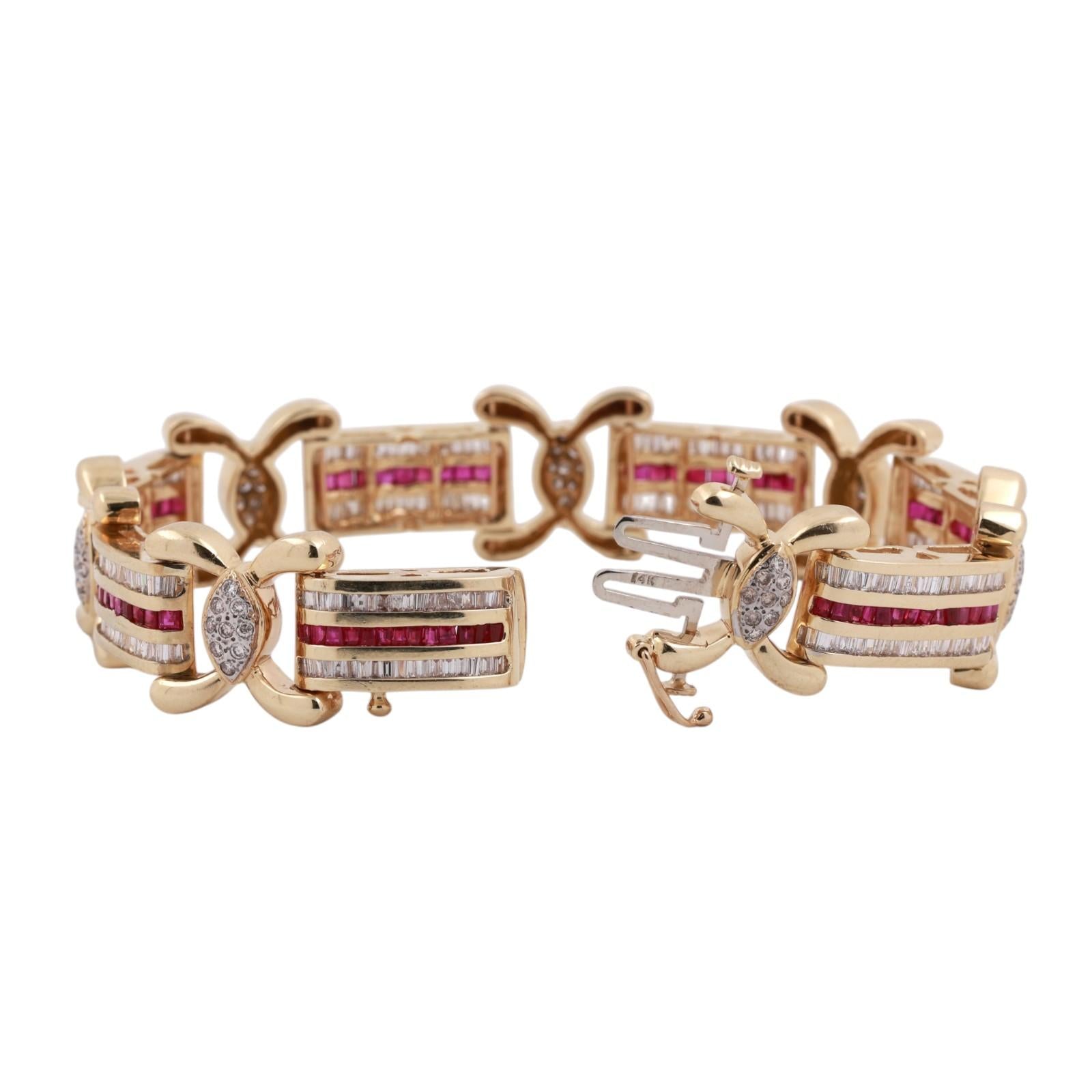 9.61ct Ruby & Diamond Bracelet 14K Two-Tone Gold 8" Wide Baguette Estate