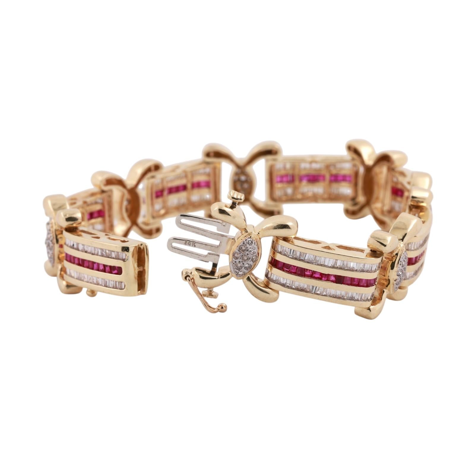 9.61ct Ruby & Diamond Bracelet 14K Two-Tone Gold 8" Wide Baguette Estate