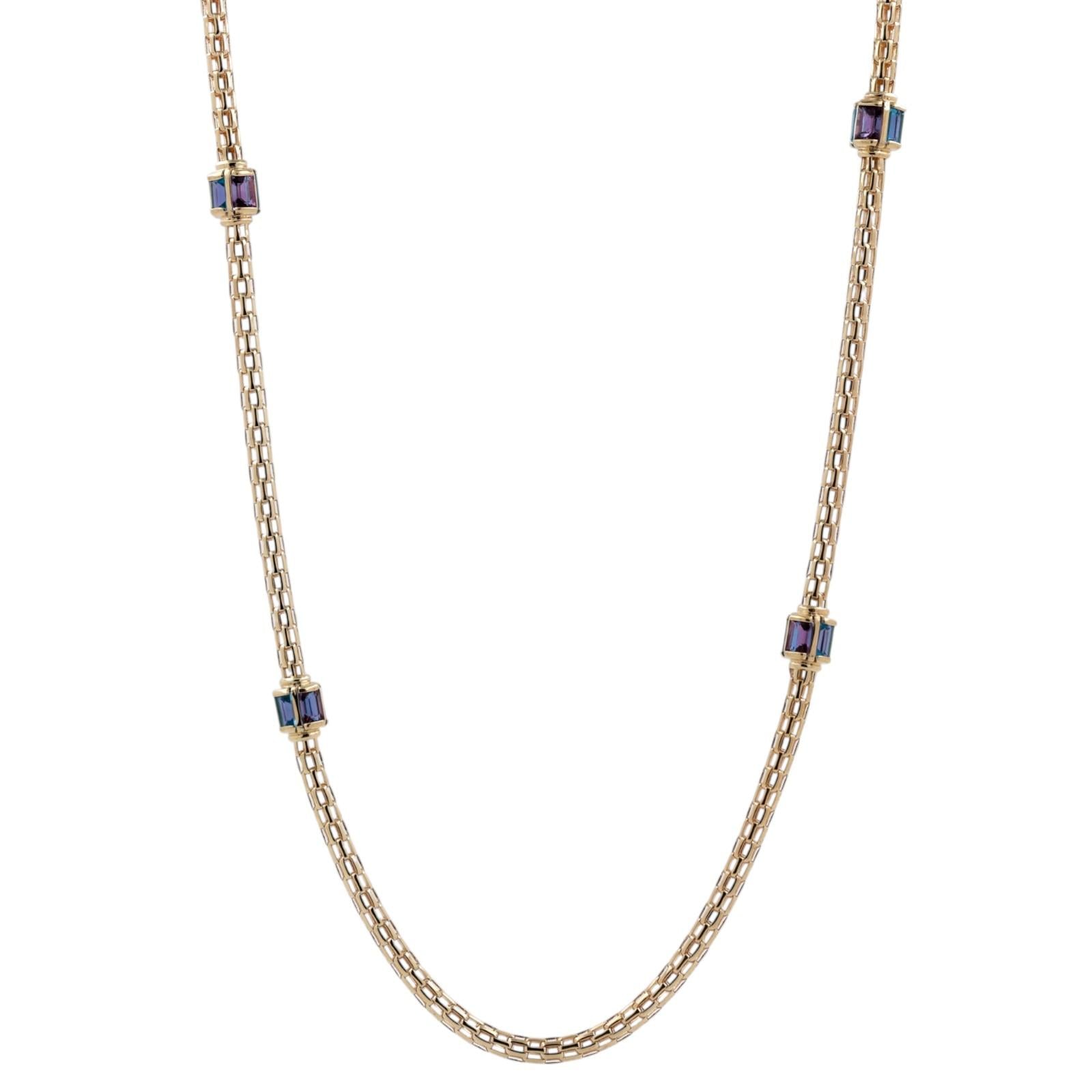 Blue Topaz Amethyst Station Mesh Chain Necklace 14K Yellow Gold 8.40 TW 32”
