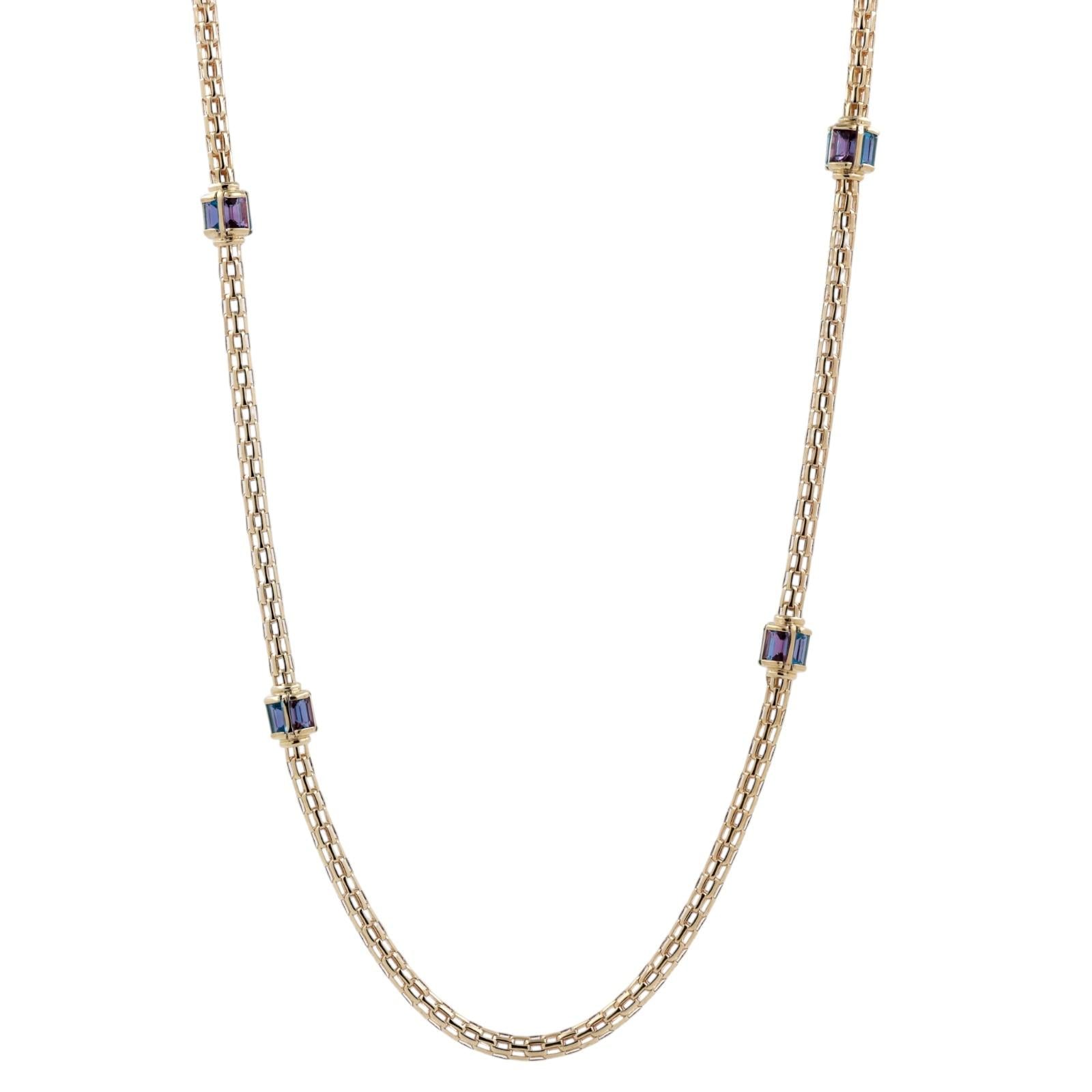 Blue Topaz Amethyst Station Mesh Chain Necklace 14K Yellow Gold 8.40 TW 32”