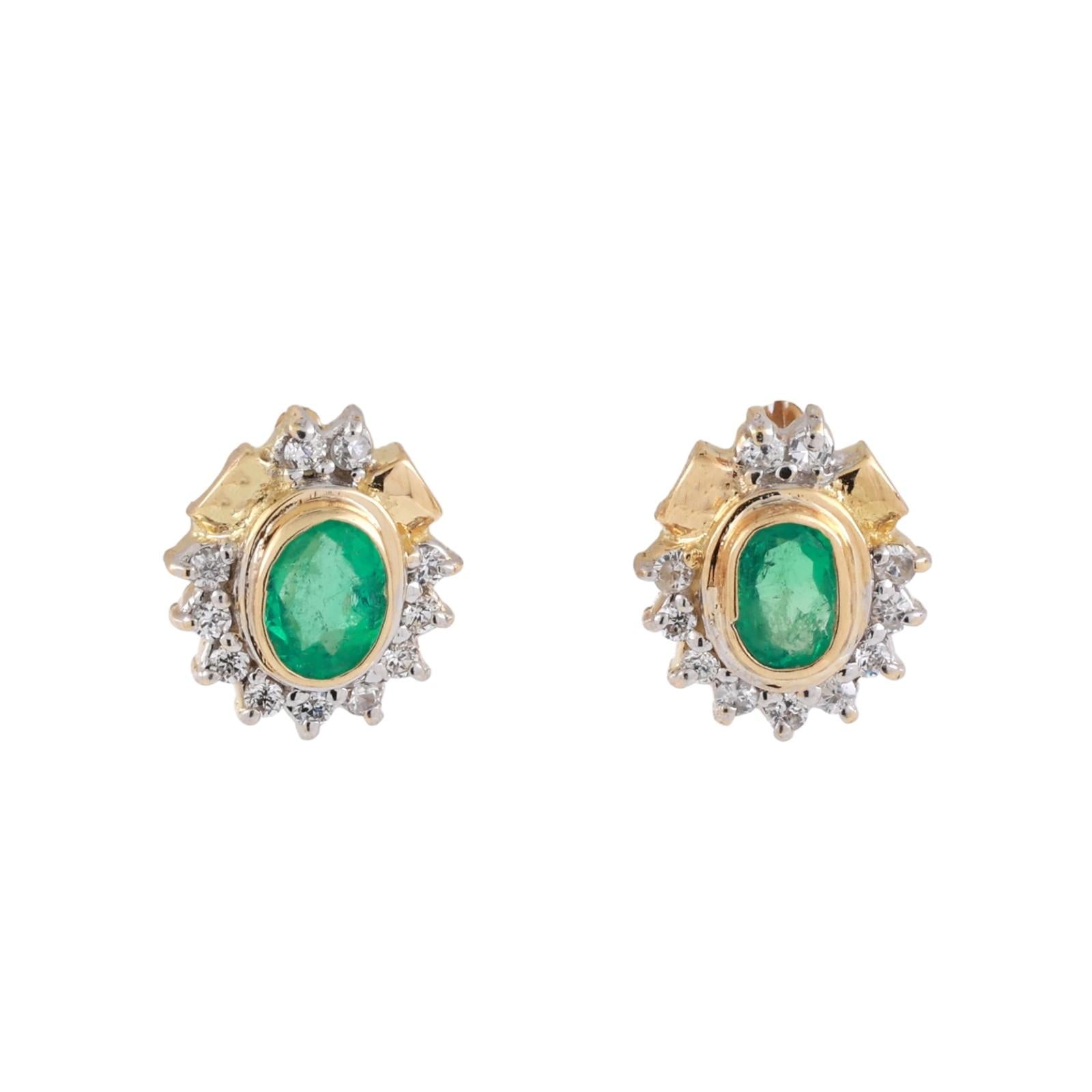 1.12CTW Emerald Diamond Stud Earrings 18K Yellow White Gold Oval Halo Vintage