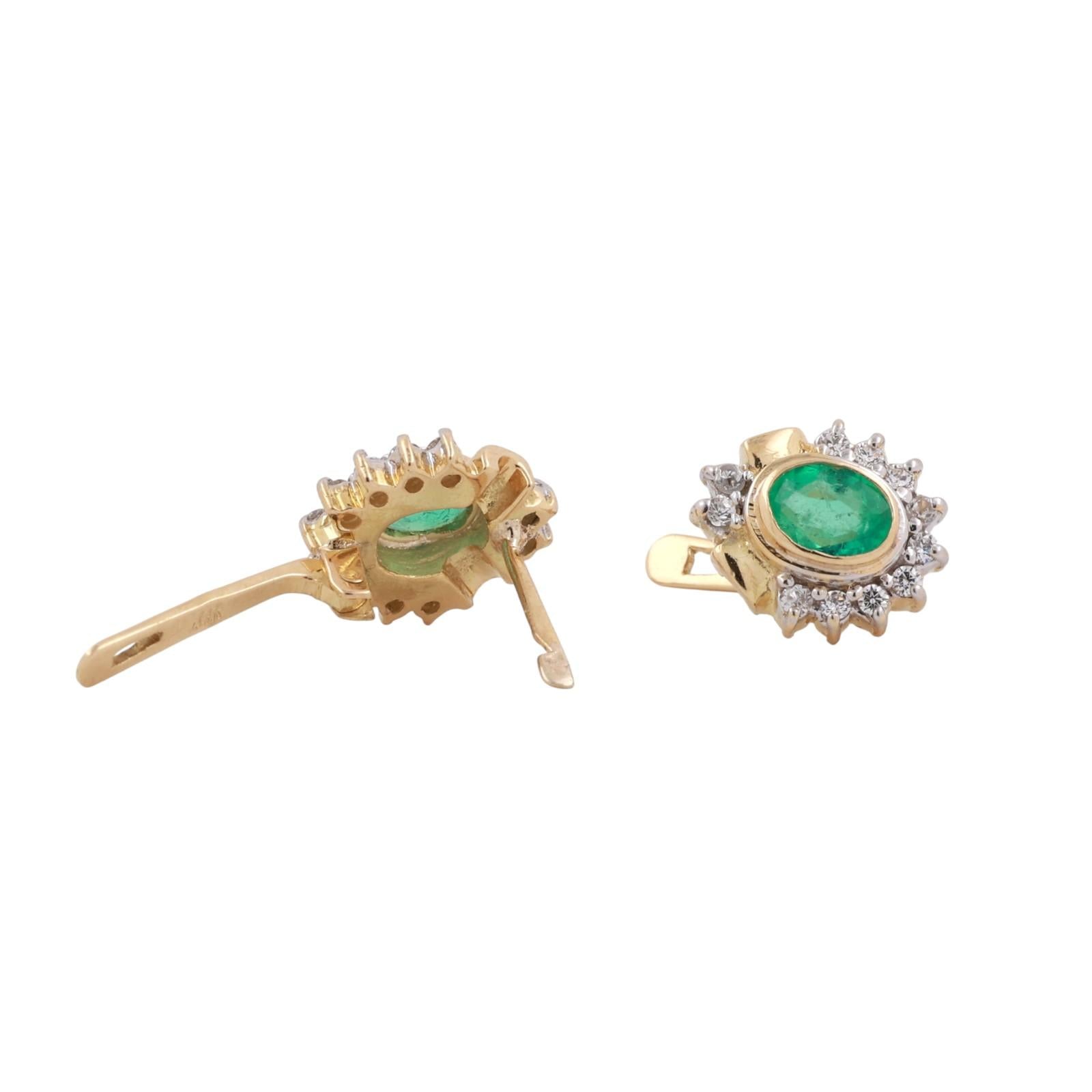 1.12CTW Emerald Diamond Stud Earrings 18K Yellow White Gold Oval Halo Vintage