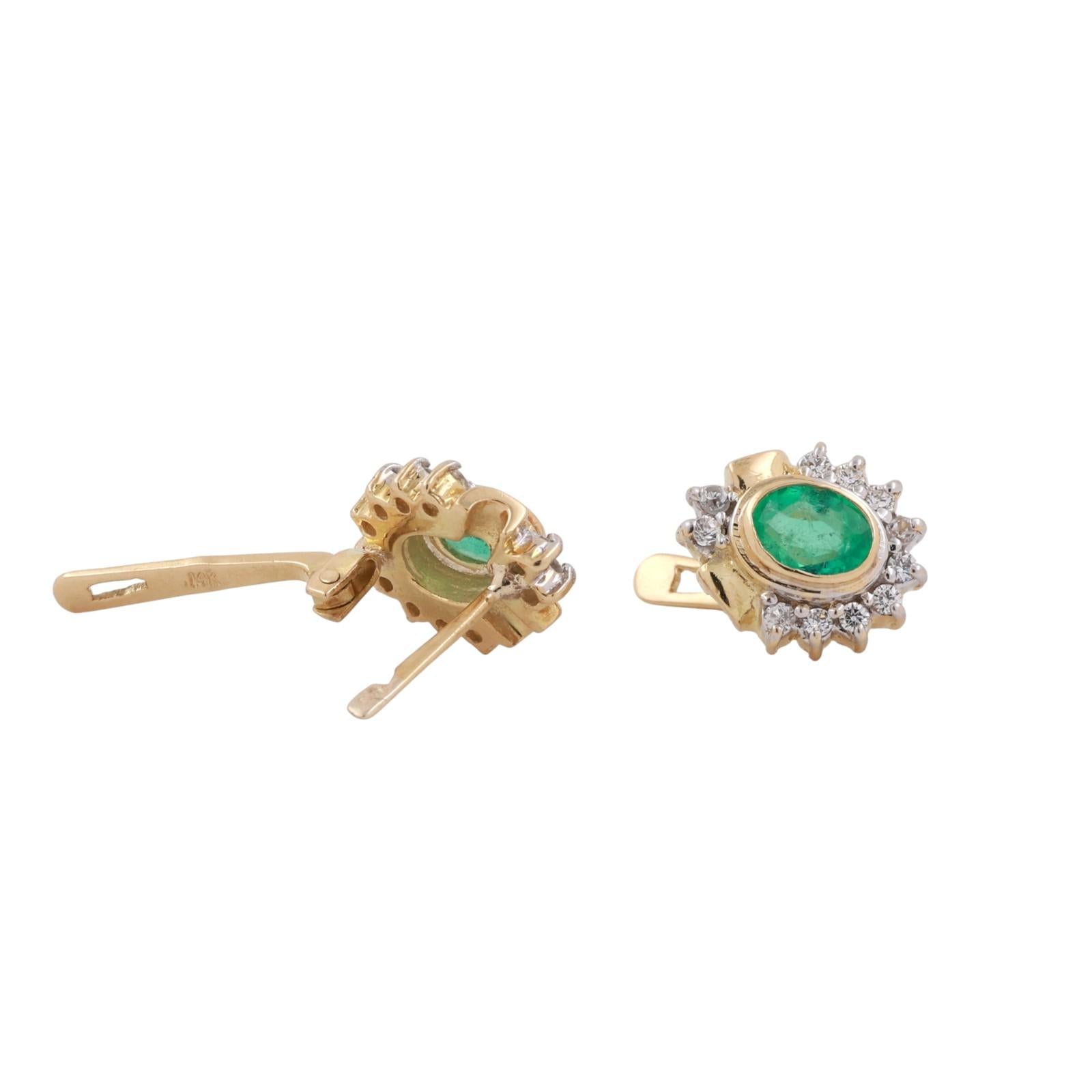 1.12CTW Emerald Diamond Stud Earrings 18K Yellow White Gold Oval Halo Vintage