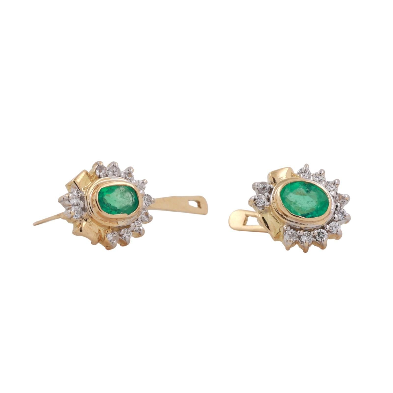 1.12CTW Emerald Diamond Stud Earrings 18K Yellow White Gold Oval Halo Vintage