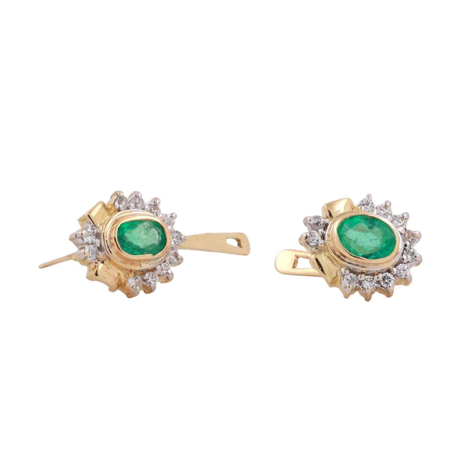1.12CTW Emerald Diamond Stud Earrings 18K Yellow White Gold Oval Halo Vintage