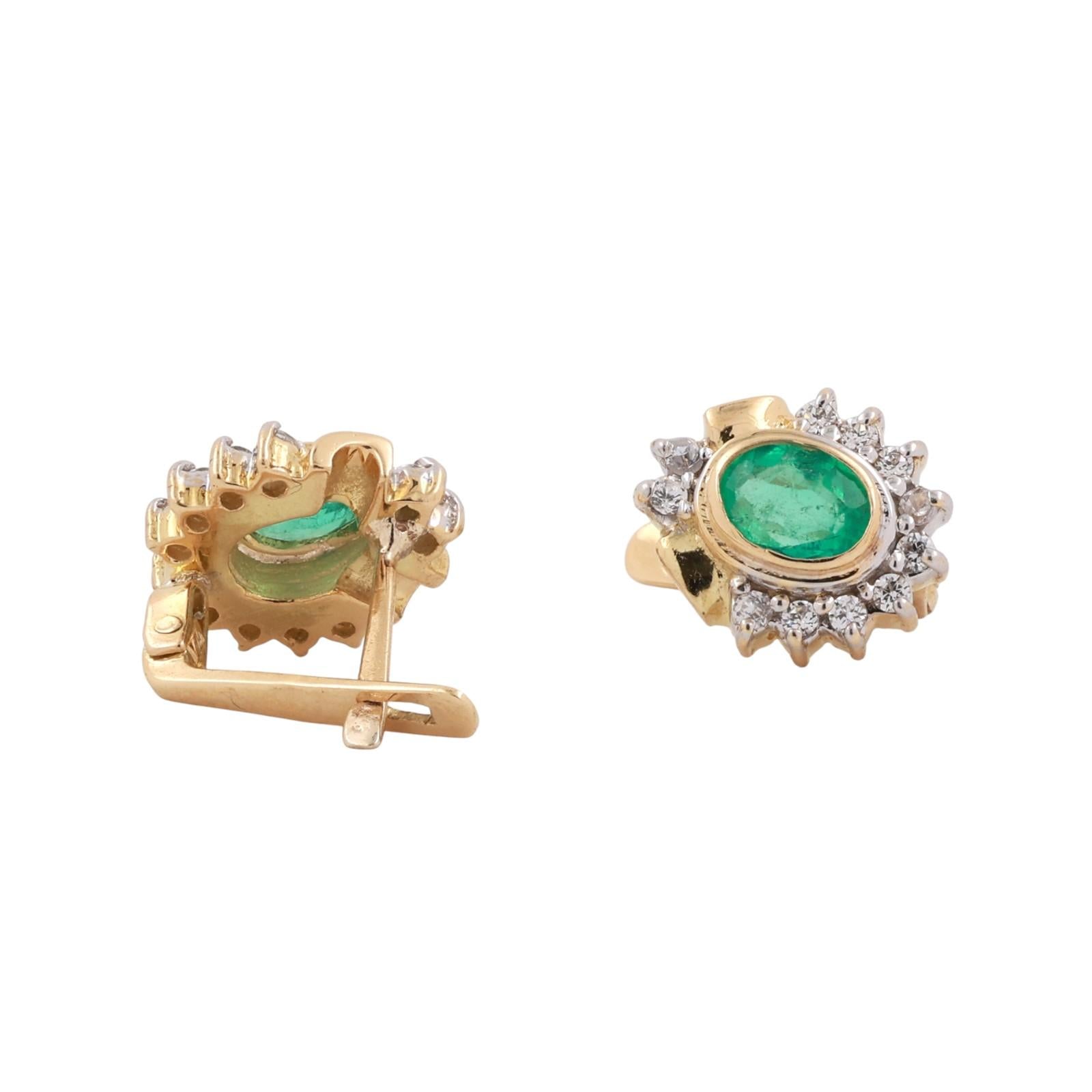1.12CTW Emerald Diamond Stud Earrings 18K Yellow White Gold Oval Halo Vintage