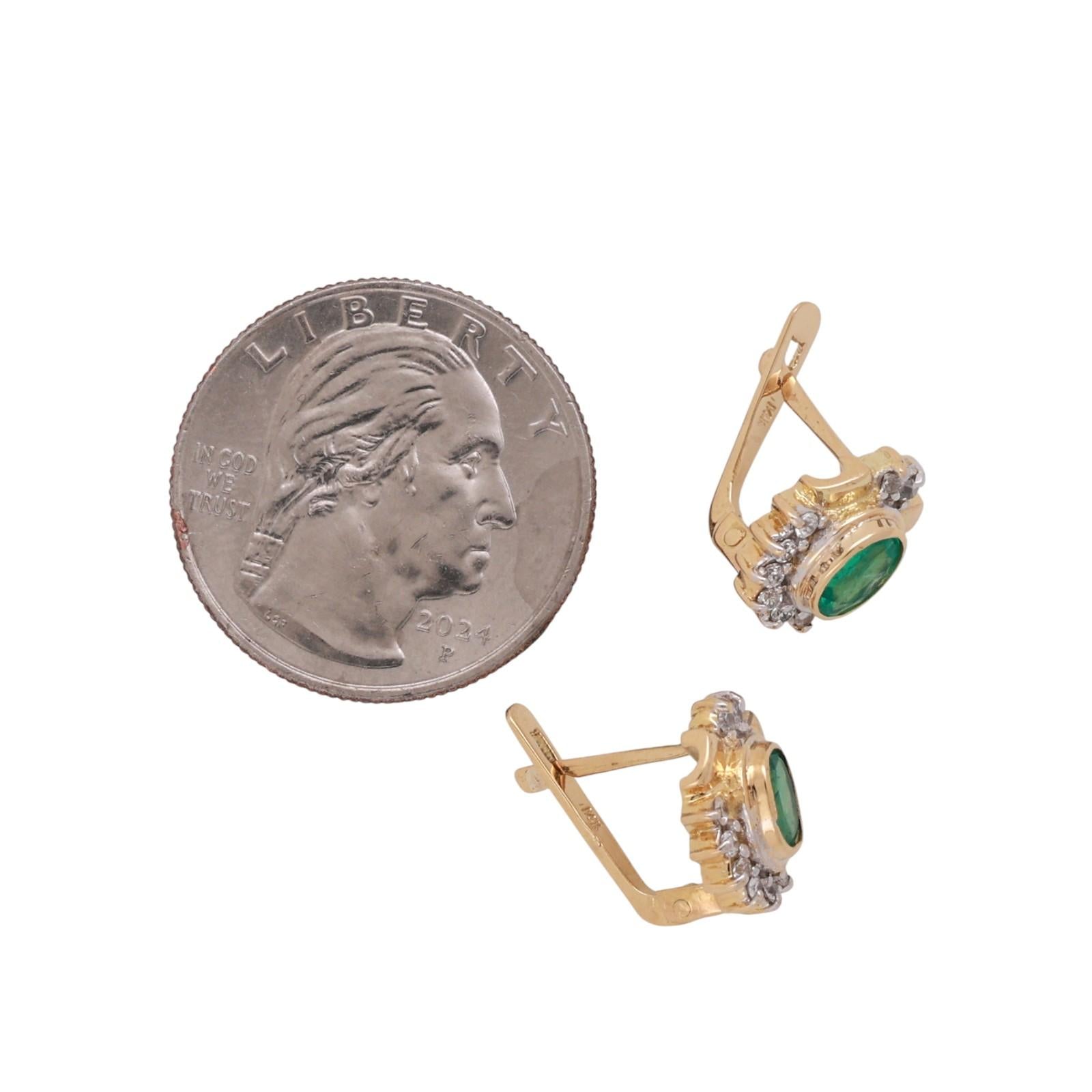 1.12CTW Emerald Diamond Stud Earrings 18K Yellow White Gold Oval Halo Vintage