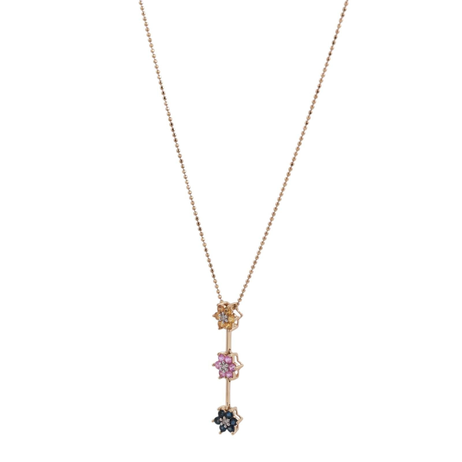 Multi Color Sapphire Diamond Flower Pendant Chain Necklace 14K Gold 0.60 CTW 18"
